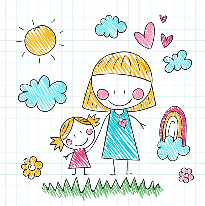 妈妈和女儿手牵手简笔画(母亲,孩子,云朵,太阳)儿童插图_北极熊素材库