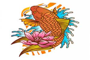 锦鲤与波浪和花卉背景插图