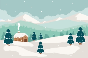 手绘平面设计冬季下雪景观插画