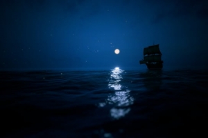 夜晚湖面上行驶的船