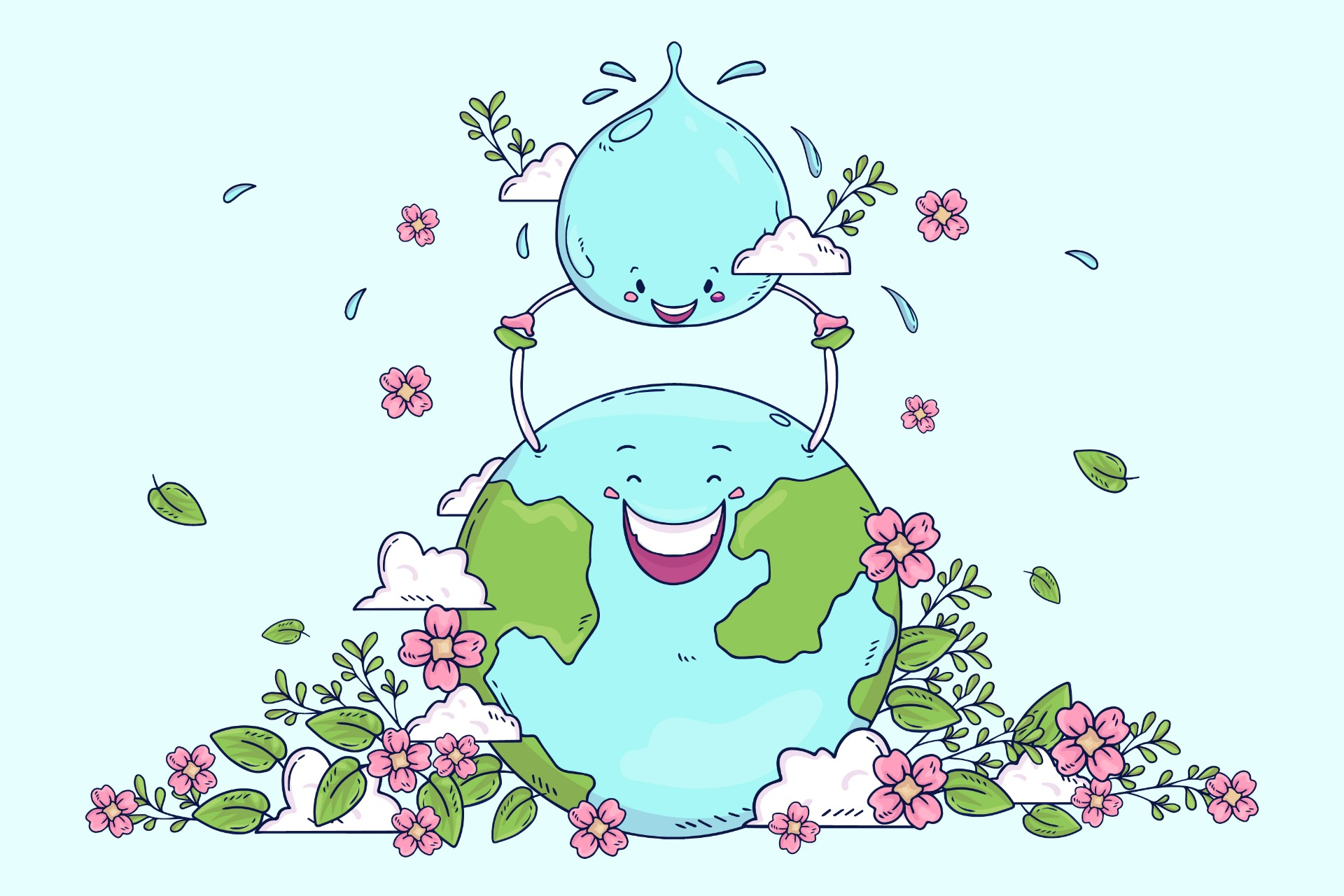 世界水日手抄报插画 世界水日 手抄报 花朵 地球 水 花卉 资源 水滴 手绘插图 北极熊素材库