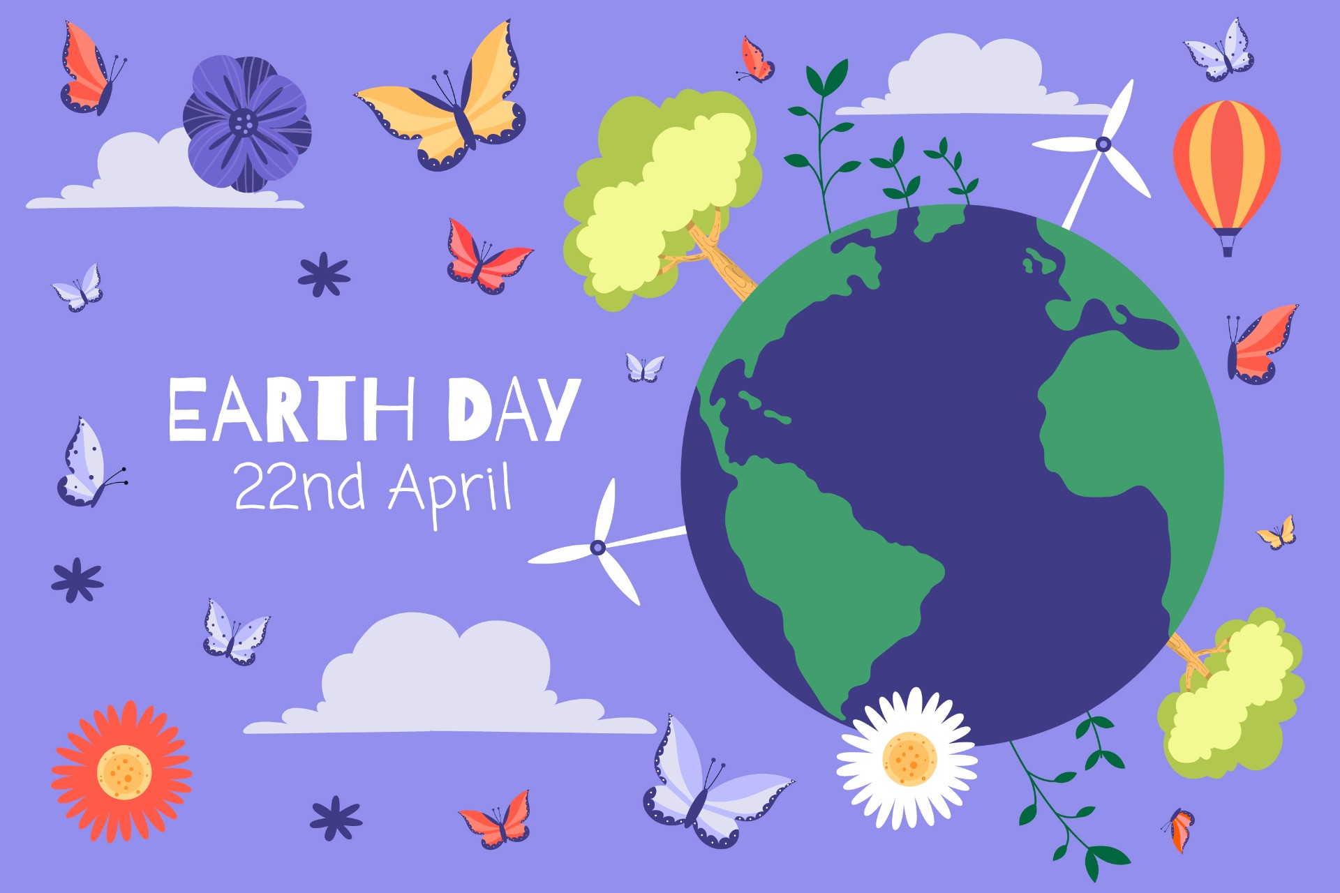 4月世界地球日背景插图 世界地球日 地球 树木 花朵 蝴蝶 热气球 手绘插图 北极熊素材库