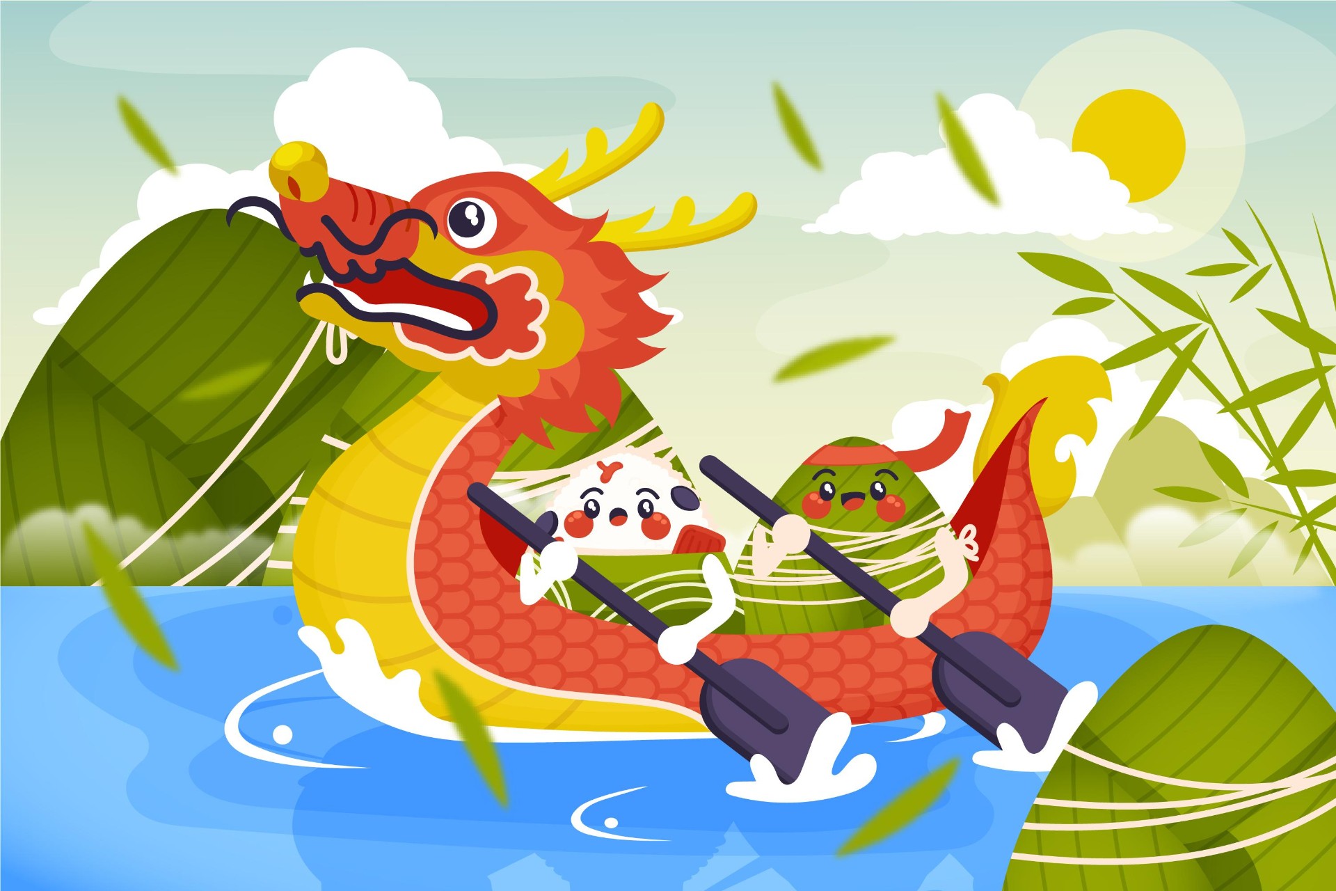 端午节国潮划龙舟中国风海浪吃粽子端午插画图片-千库网