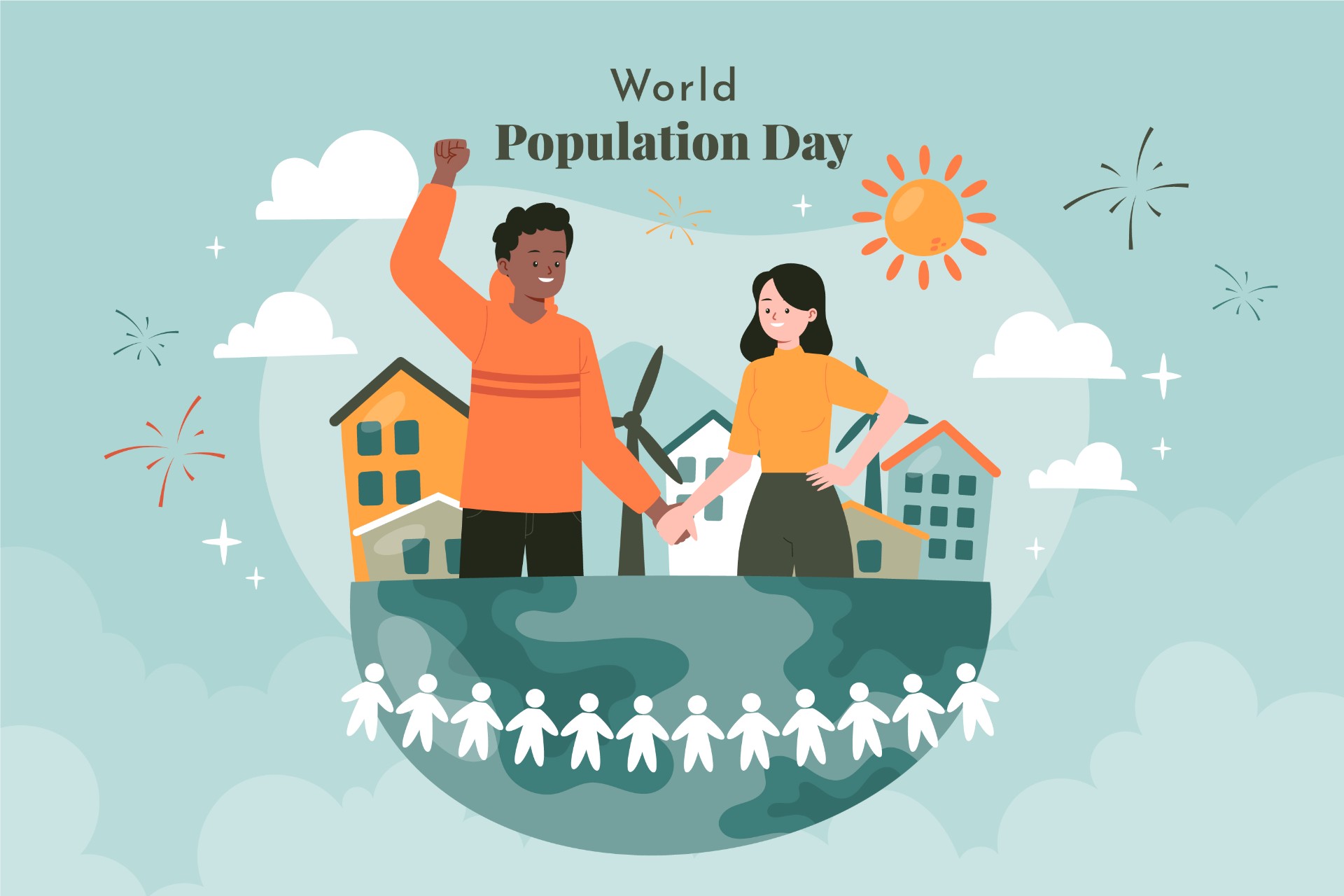 世界人口日人们围着地球插图(世界人口日、地球、人物、建筑、云朵)扁平化插图_北极熊素材库