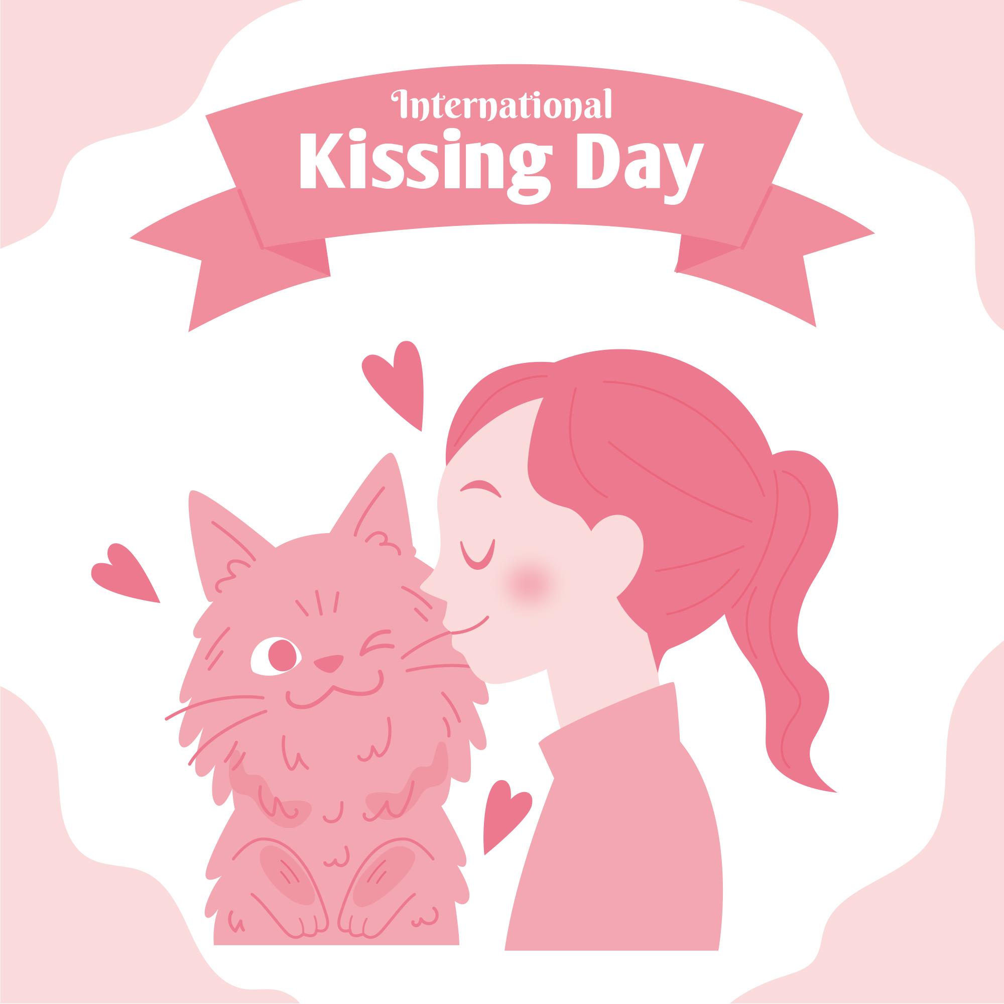 国际接吻日亲吻你的好友插图(国际接吻日、女生、猫、爱心、宠物)手绘插图_北极熊素材库