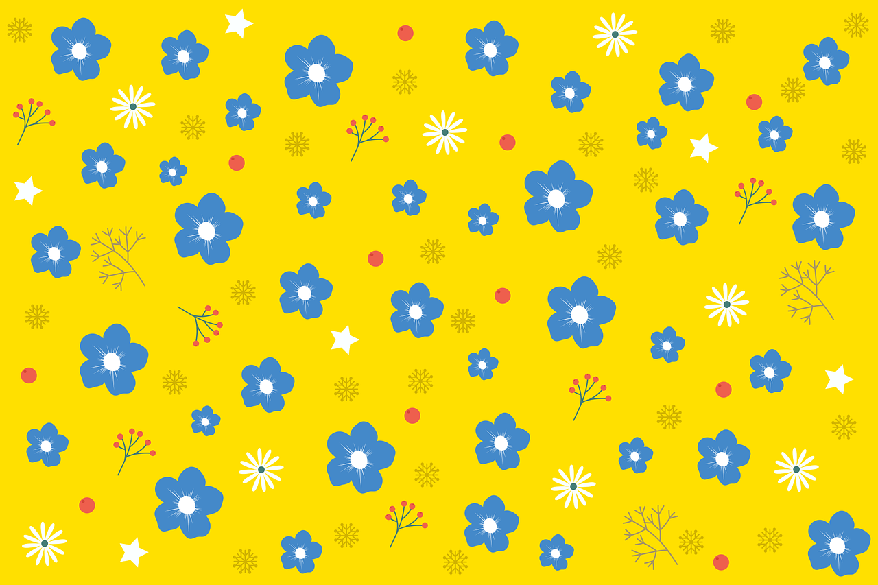 蓝色花朵黄色背景电脑图 壁纸 背景 盛开的花朵 花朵 手绘插图 北极熊素材库
