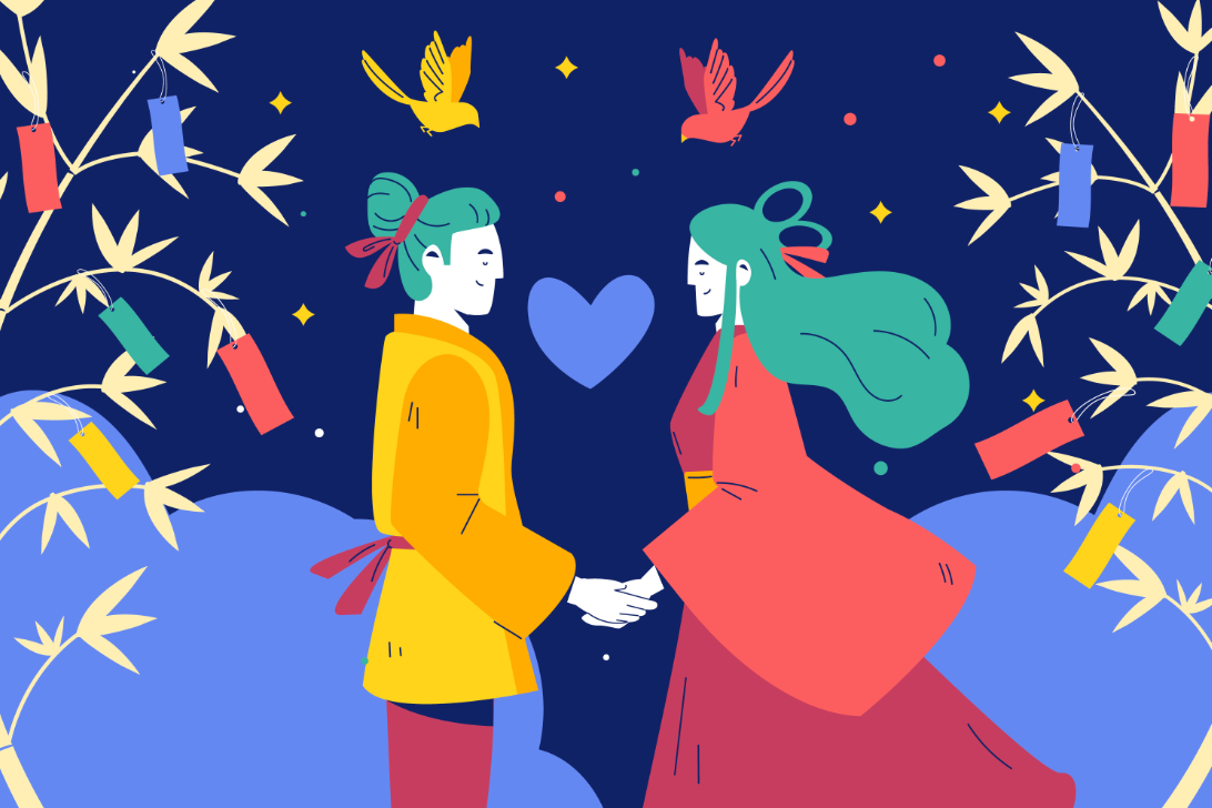七夕情人节主题插画 七夕节 节日 牛郎 织女 扁平化插图 北极熊素材库