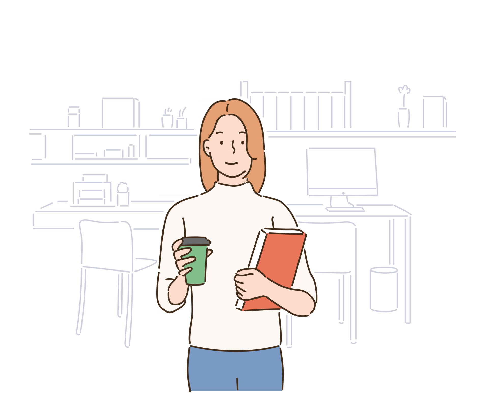 一个手里拿着书和咖啡的女人插图0