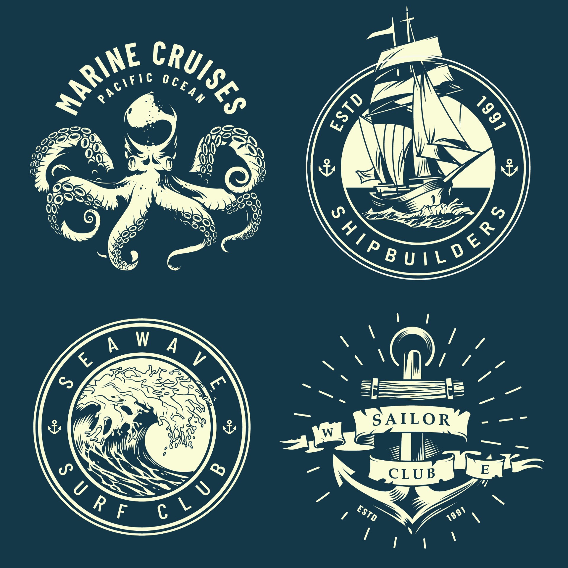 复古海洋和航海标志Logo矢量图0