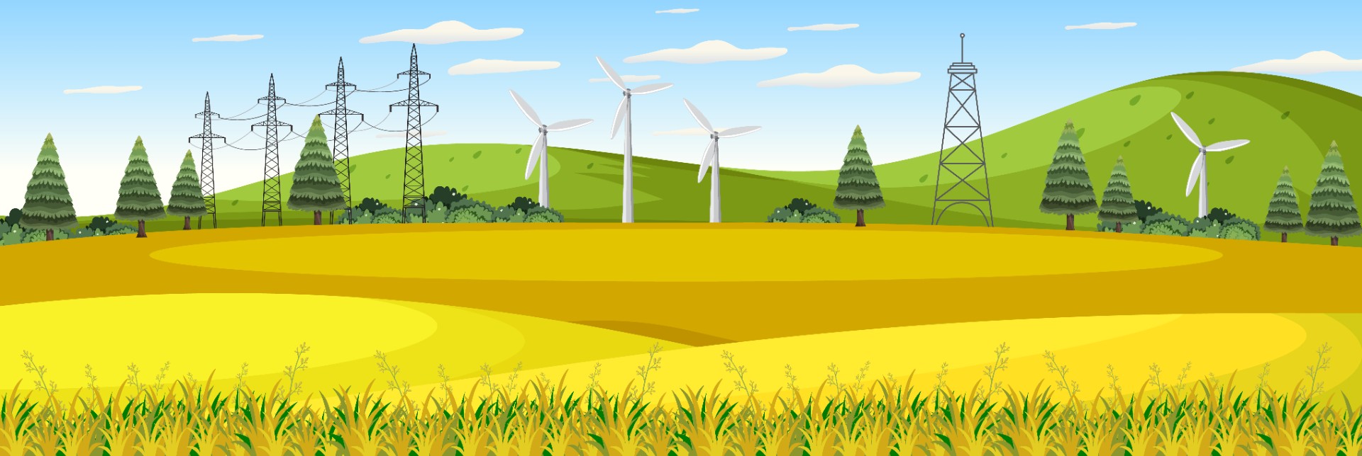 夏季带风力涡轮机的农场插图0