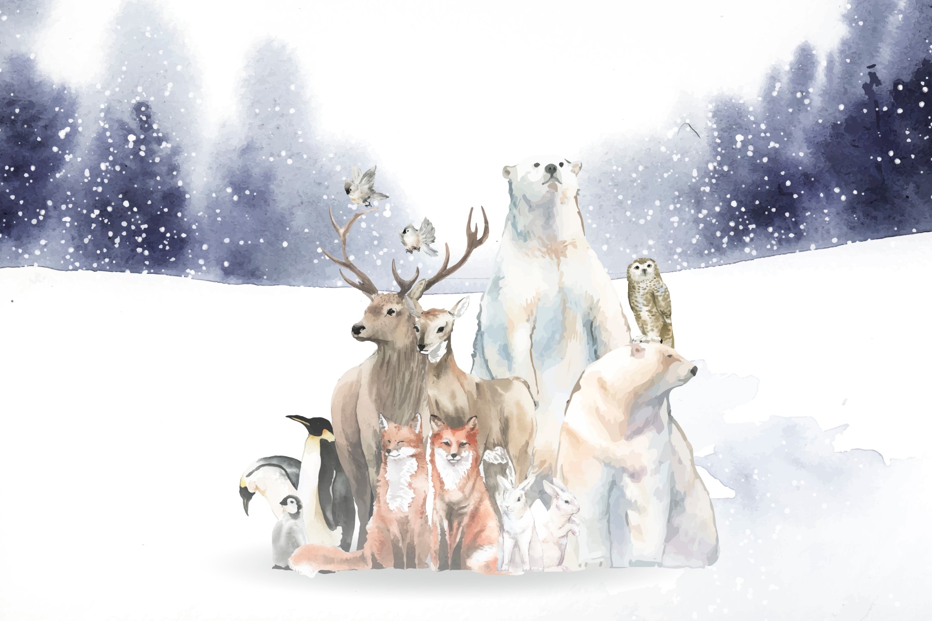 水彩雪中的野生动物群插图0