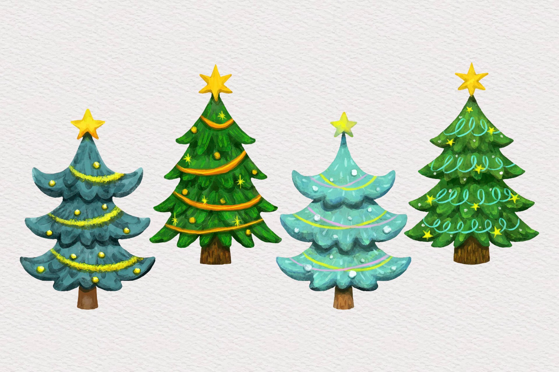 四颗不同的水彩画圣诞树插画0