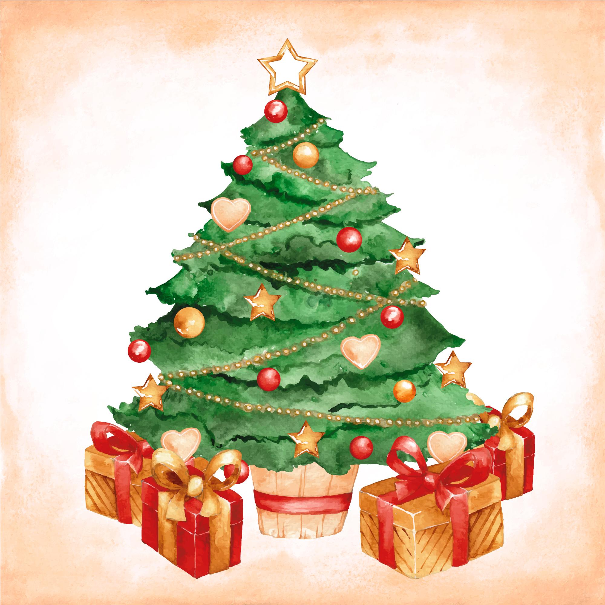 圣诞礼物和水彩圣诞树插画0