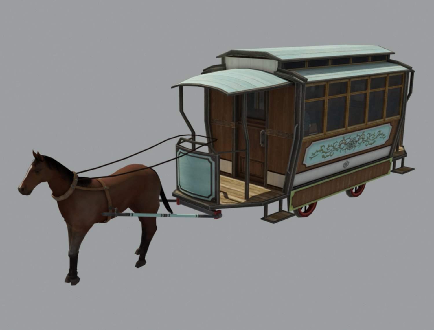 拖着马车的马3D模型0