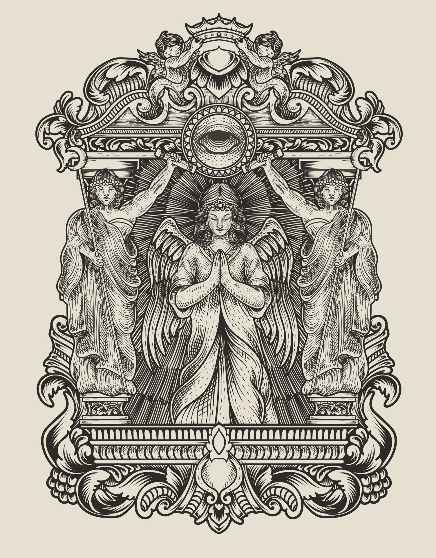 天使祈祷与复古雕刻框架插图0