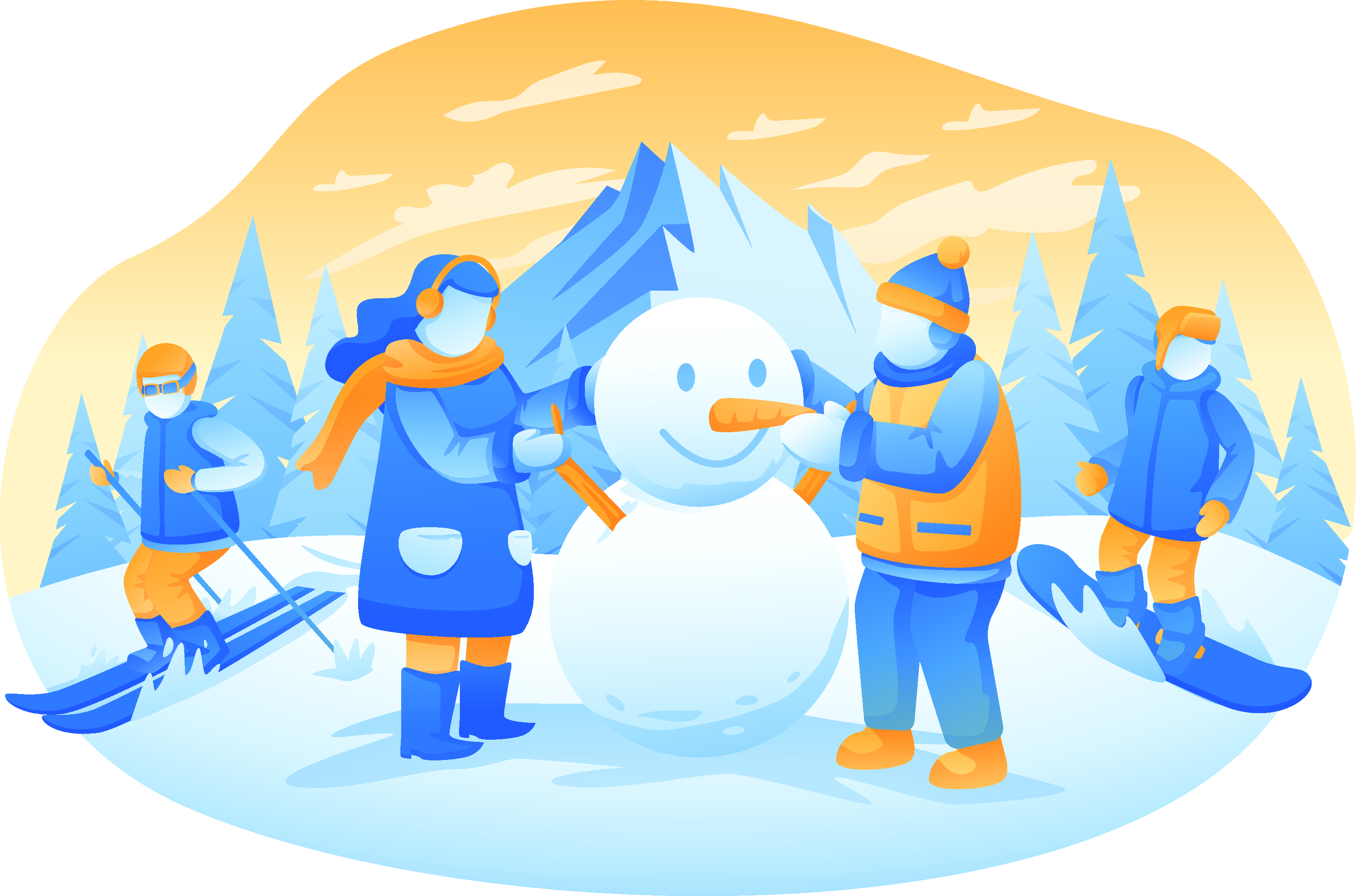 雪地里堆雪人和滑雪的孩子们插图0