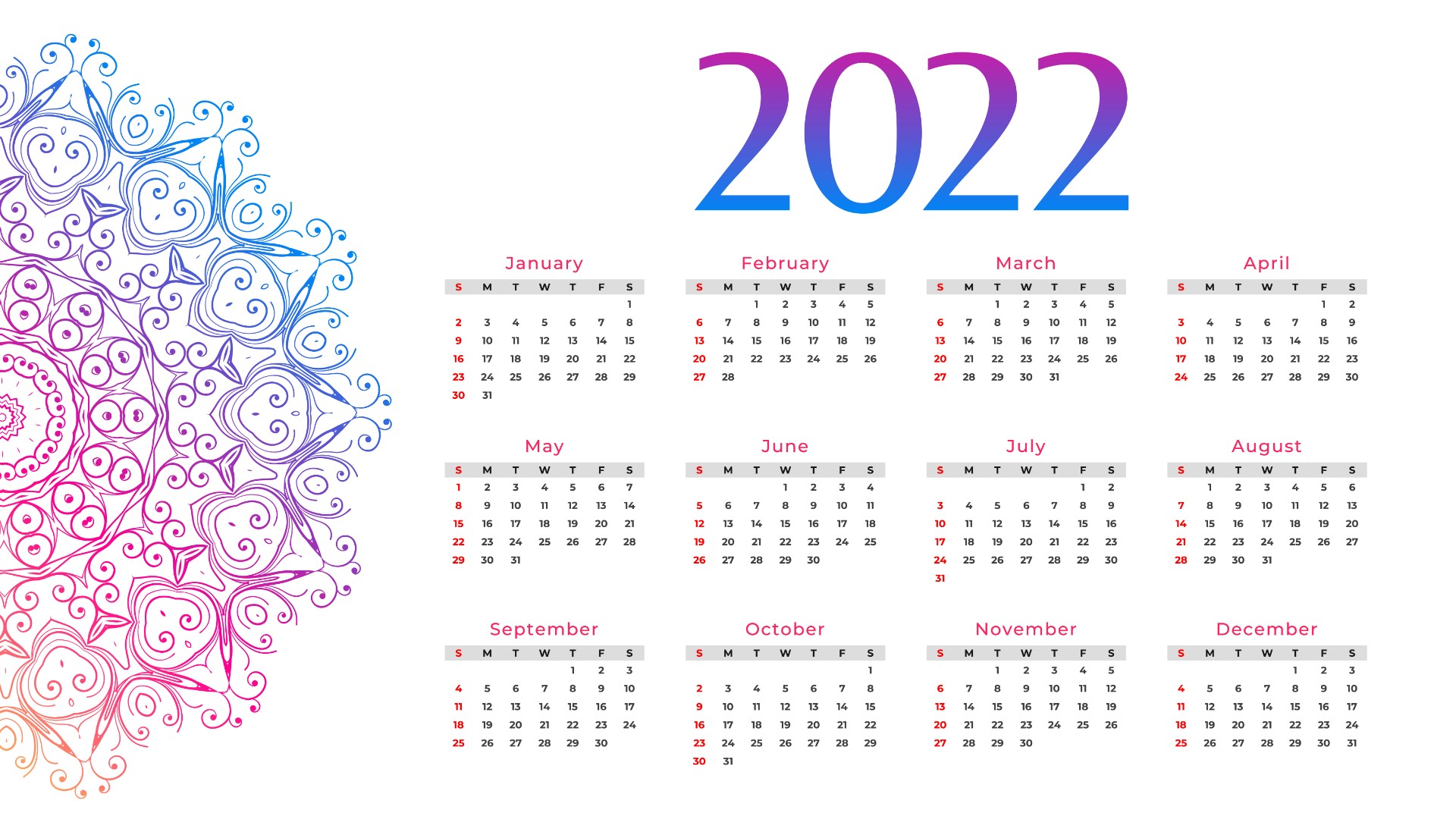 2022年曼达拉风格日历模板0