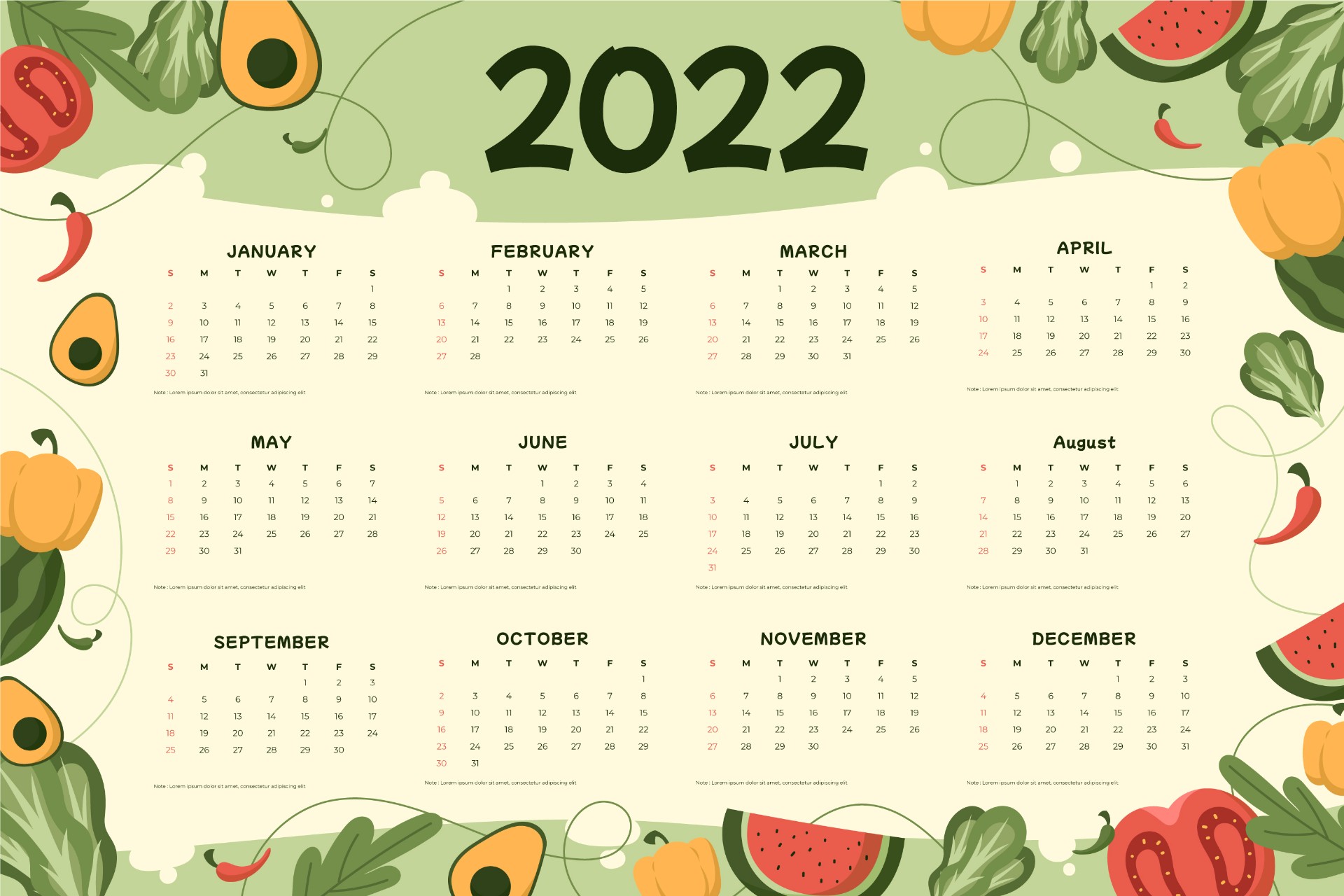 手绘蔬菜水果封面装饰2022年日历0