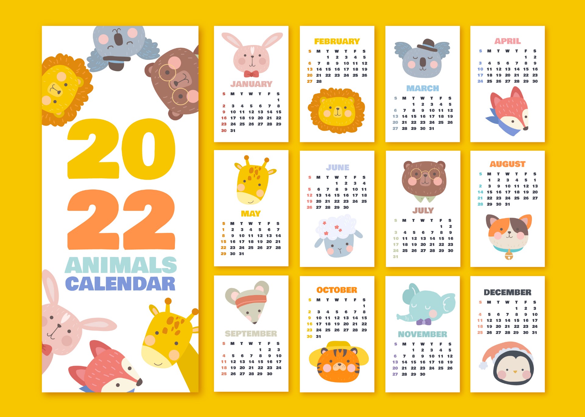 2022年手绘卡通动物日历画册0