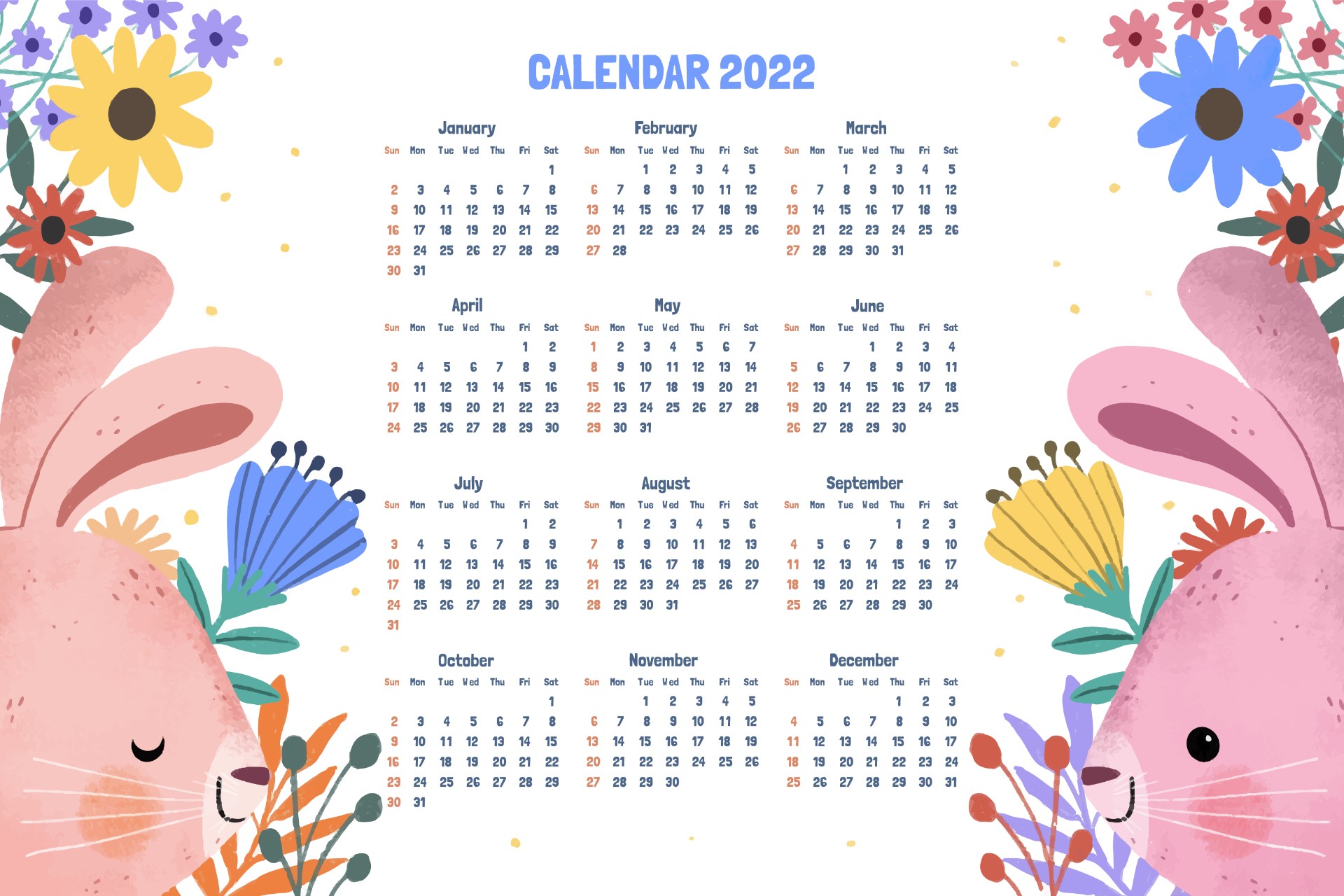 2022手绘可爱兔子日历模板设计0