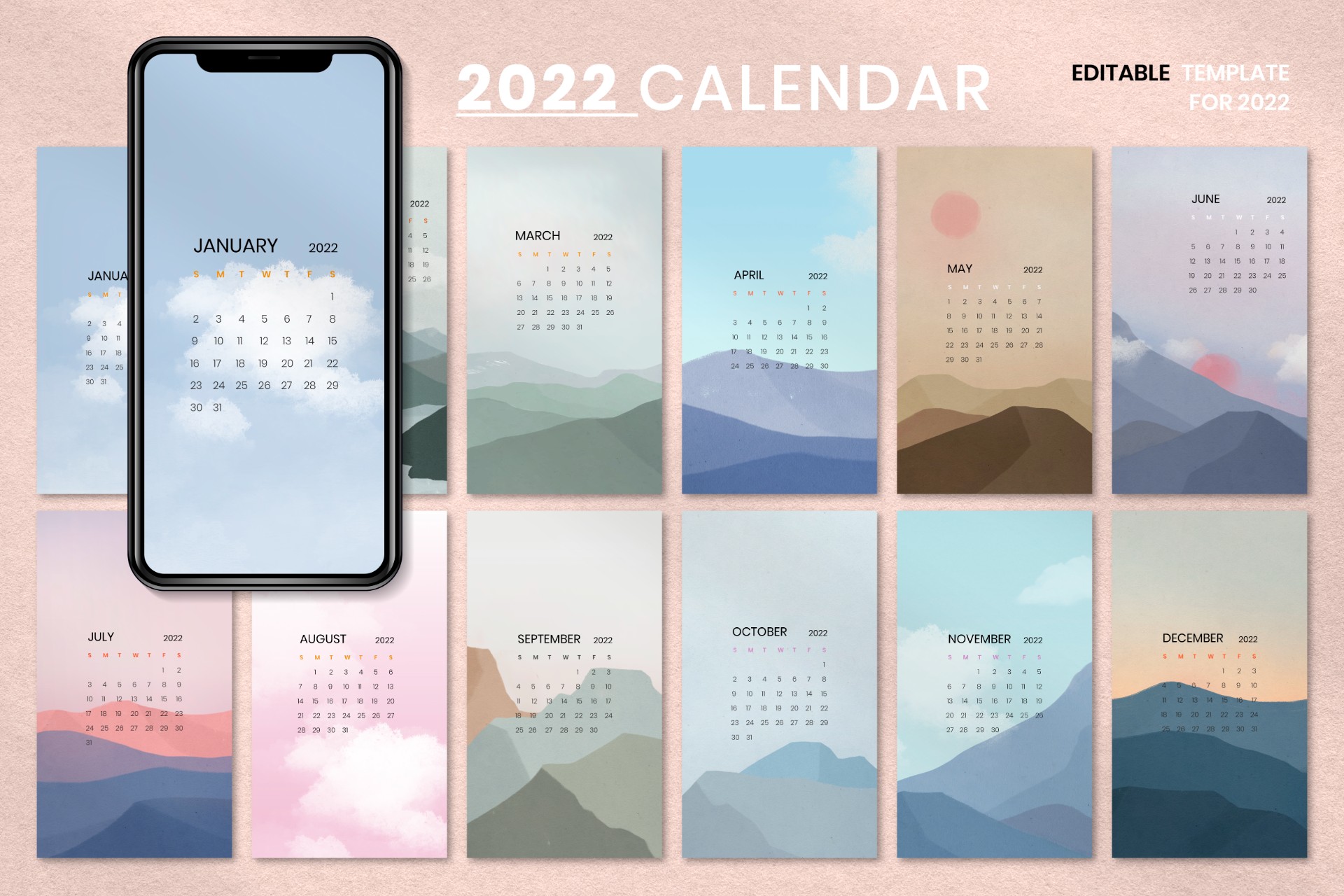 2022年天空和山风景日历模板0
