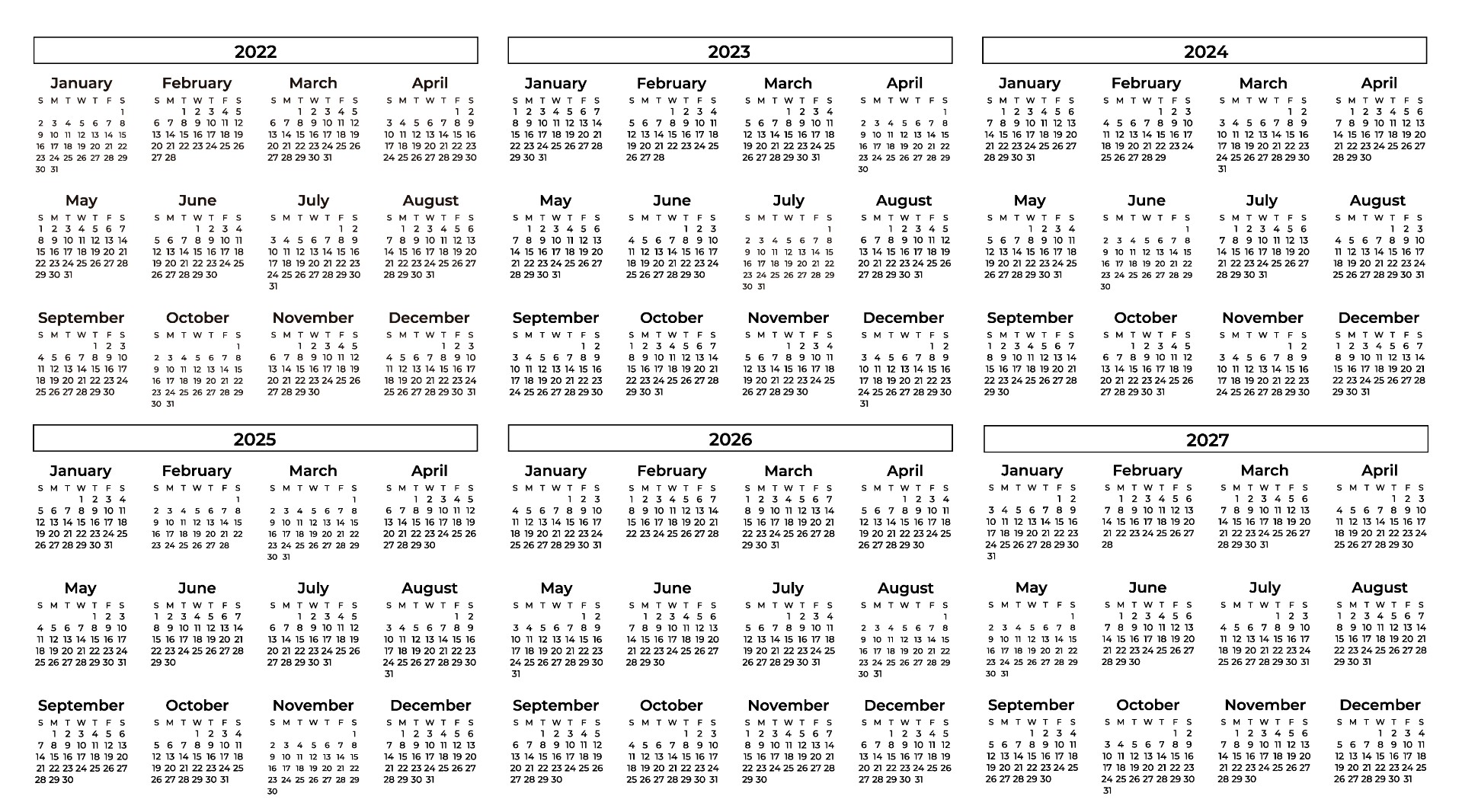 2022年至2027年黑白日历模板0