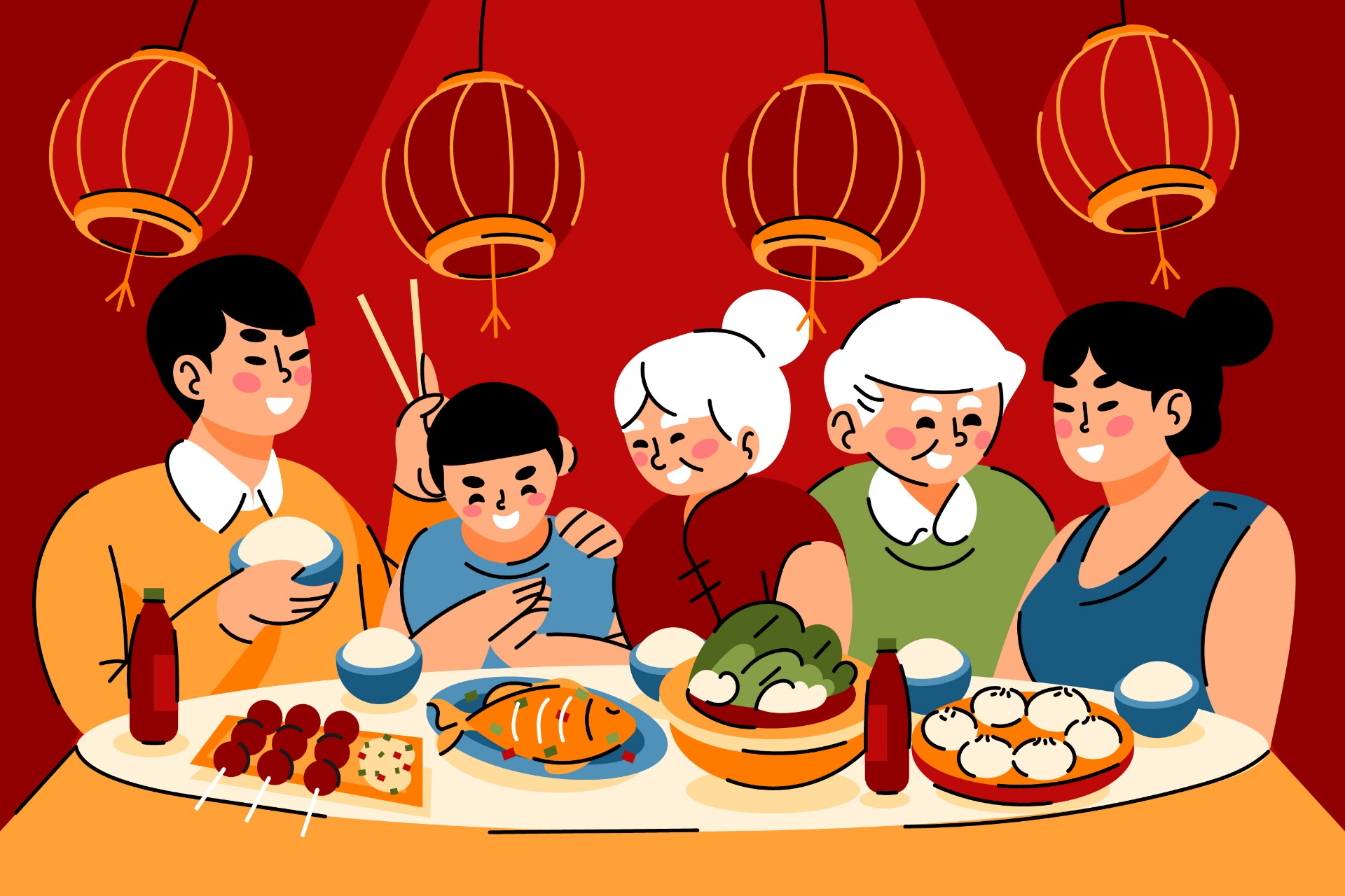 春节一家人其乐融融吃年夜饭0