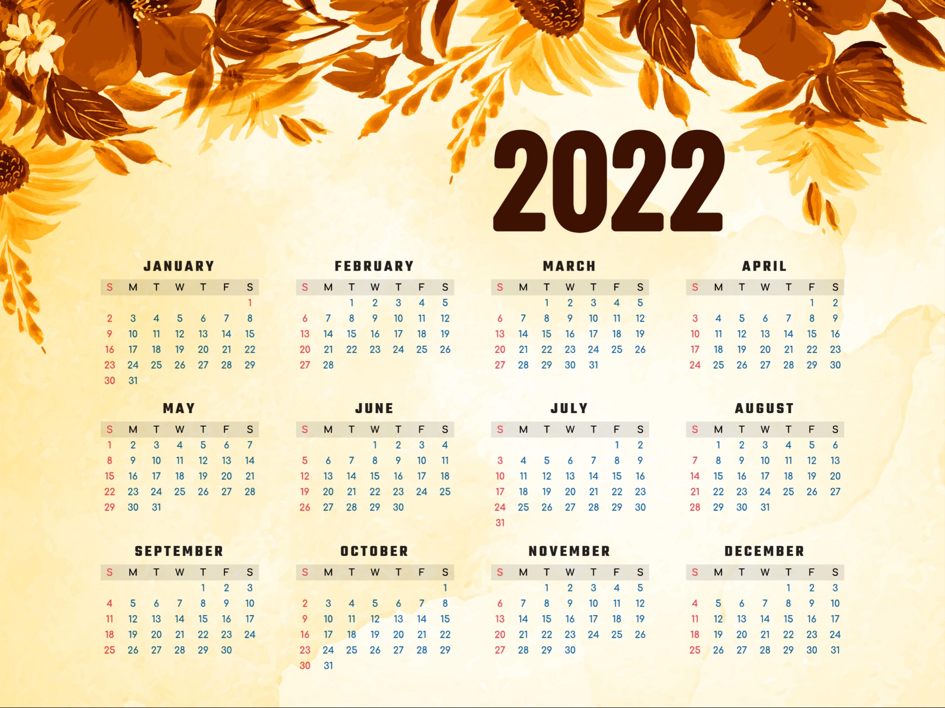 2022年日历横版表打印版0
