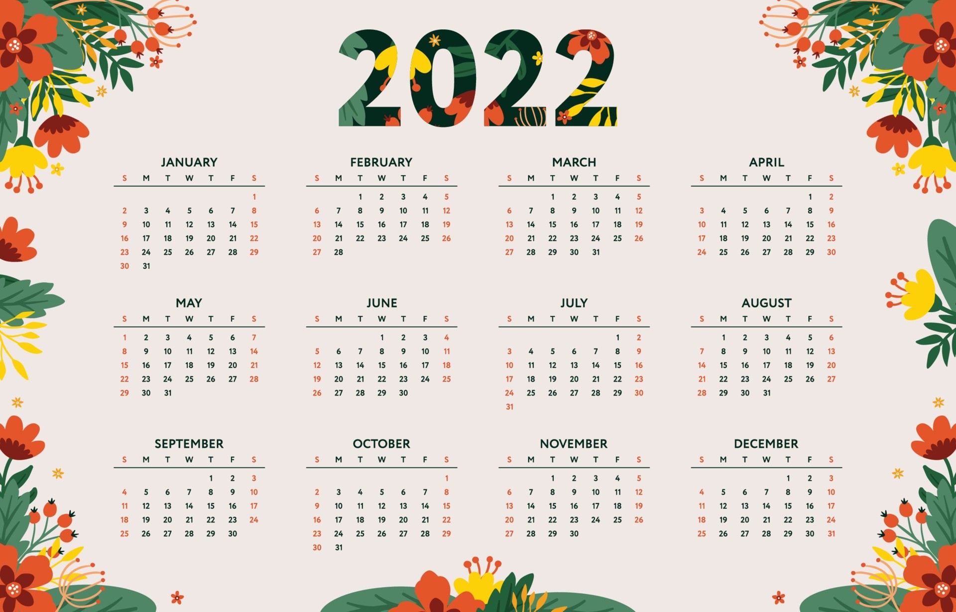 2022年花卉主题日历模板设计0