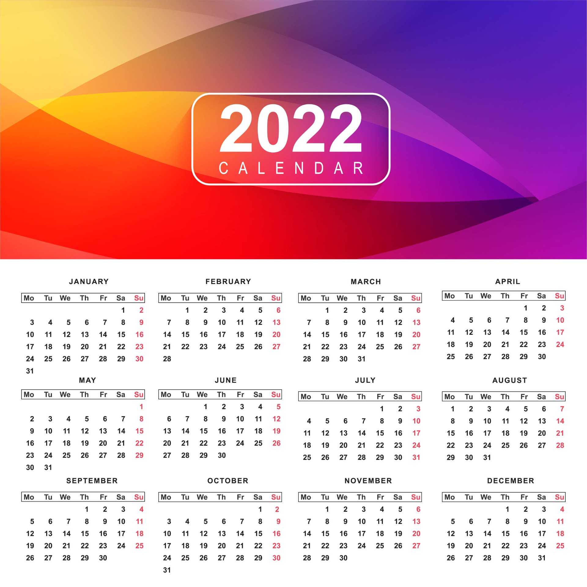 2022年日历全年表横版0