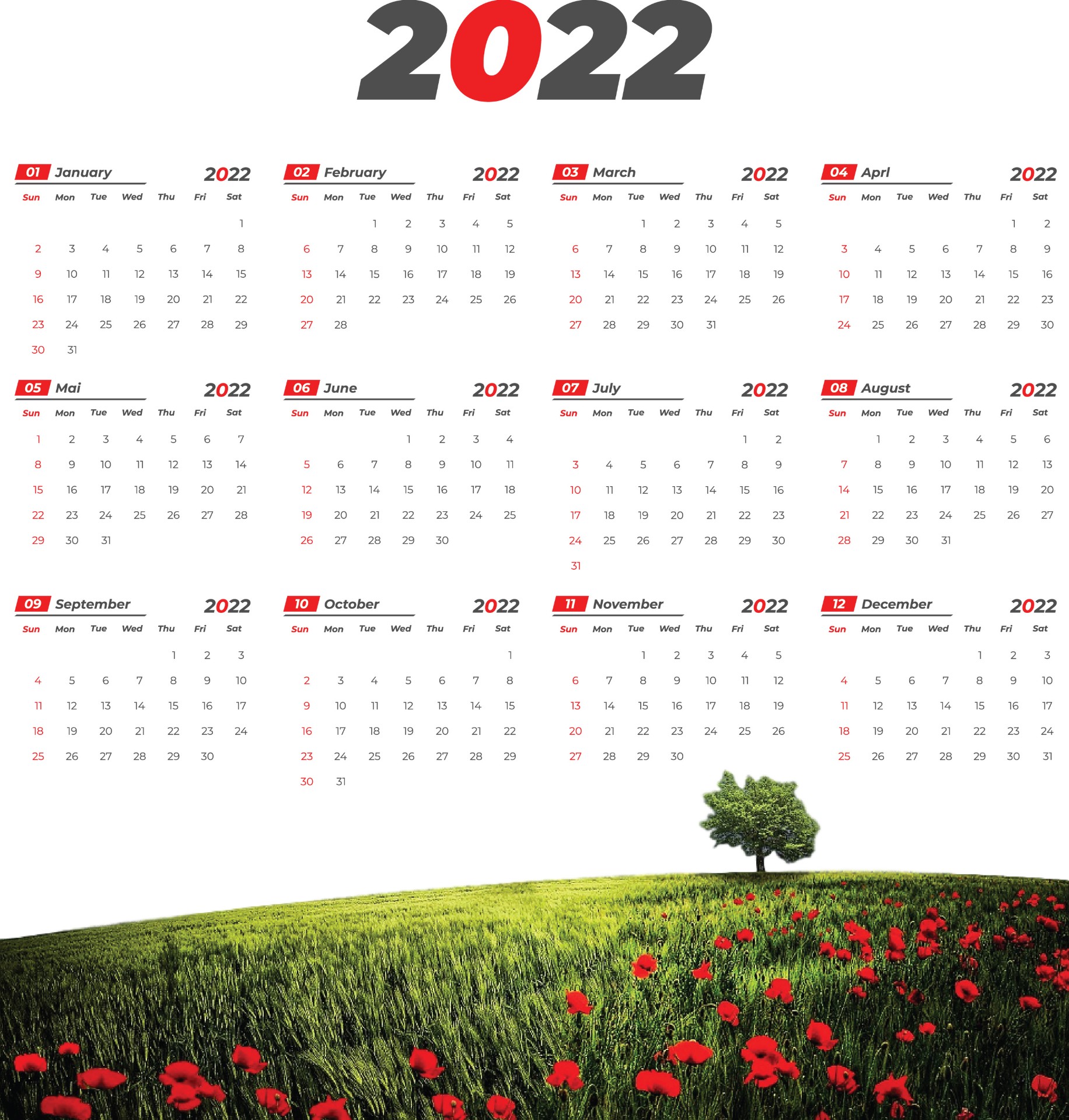 2022年全年日历表模板0