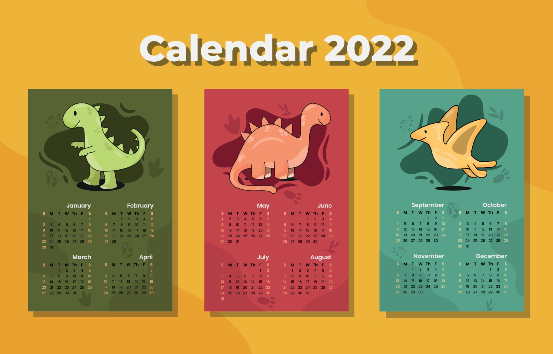 2022卡通恐龙日历模板0