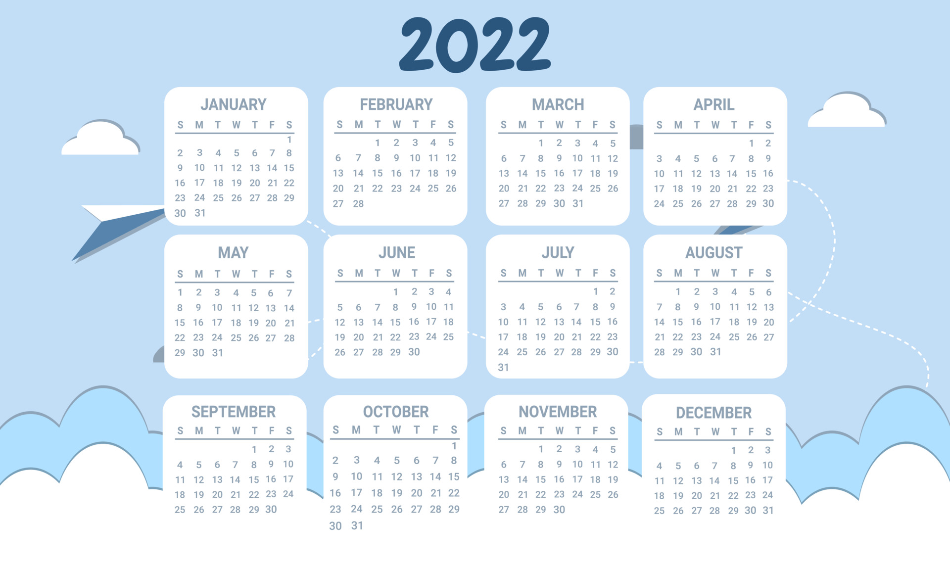 2022年蓝天白云背景日历模板0