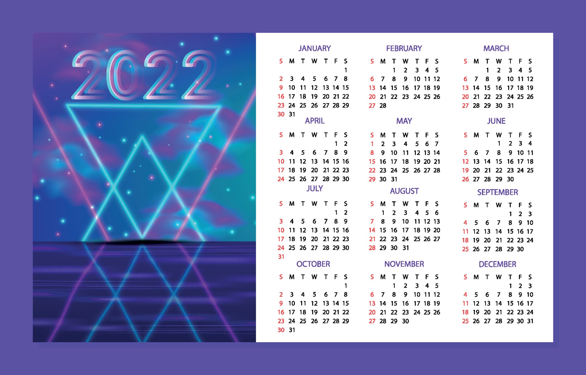 2022年紫色科幻日历模板0