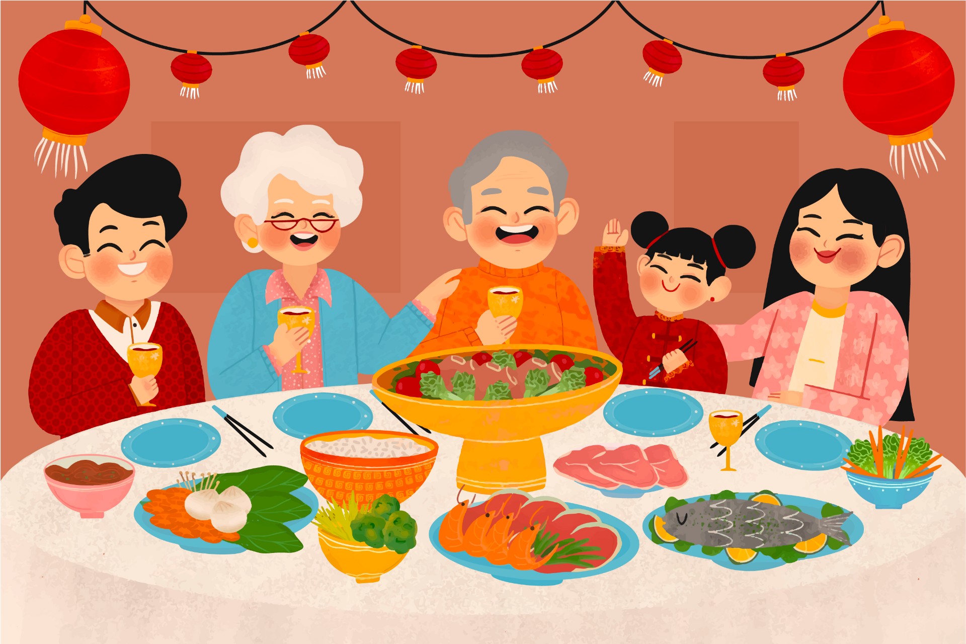 春节吃团年饭插画0