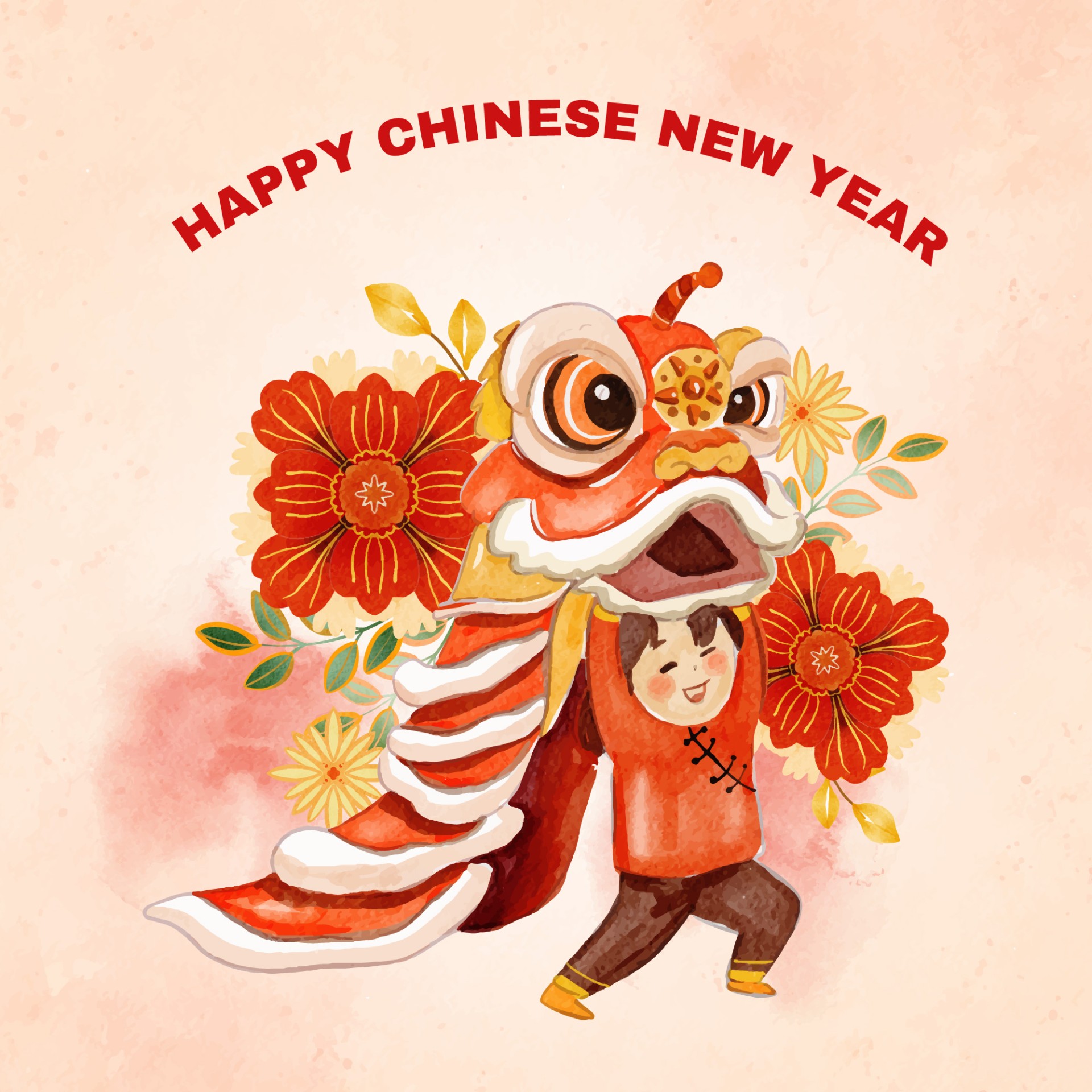 中国新年舞狮水彩插图0