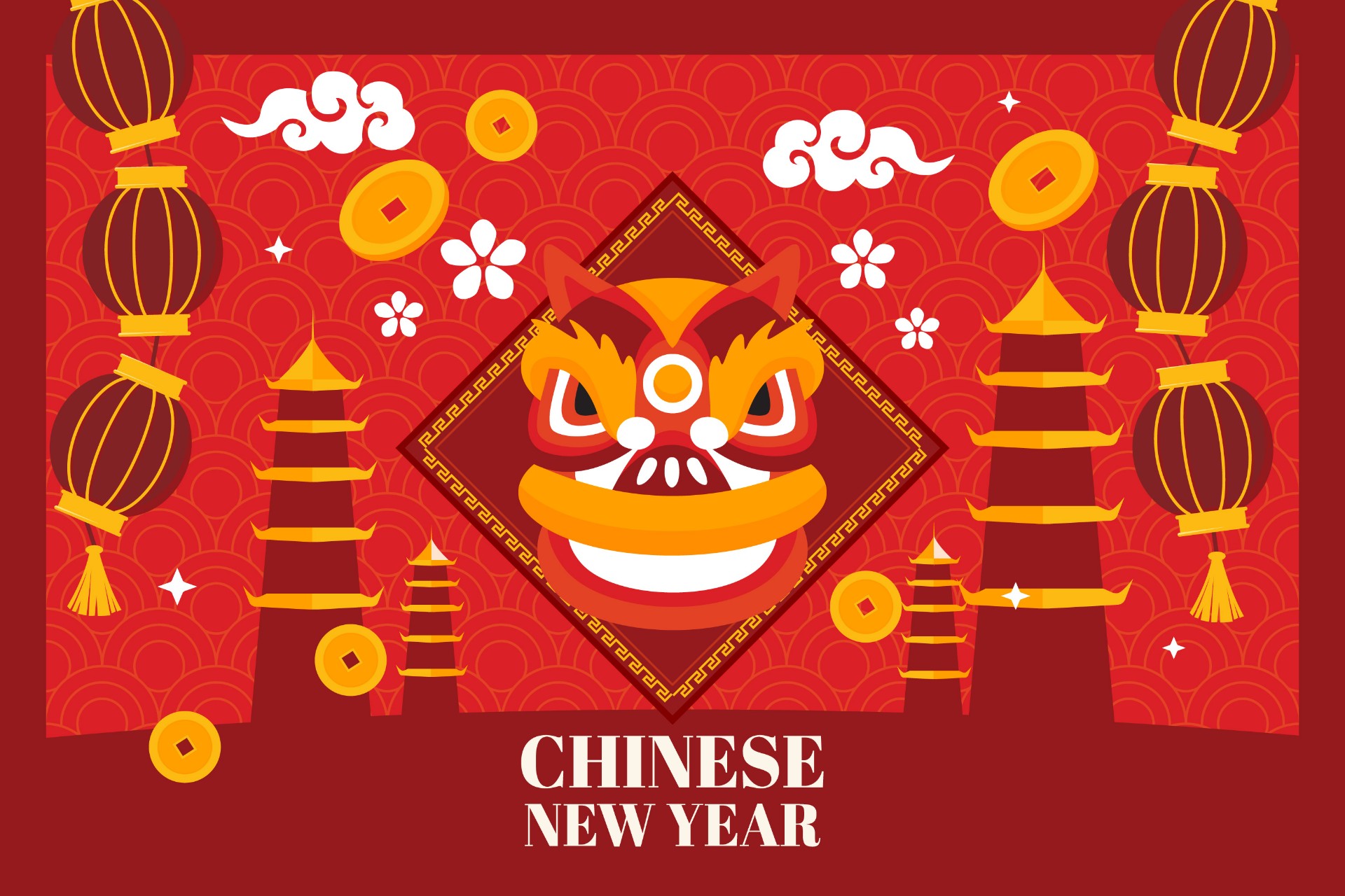 国潮中国风新年舞狮横版海报0