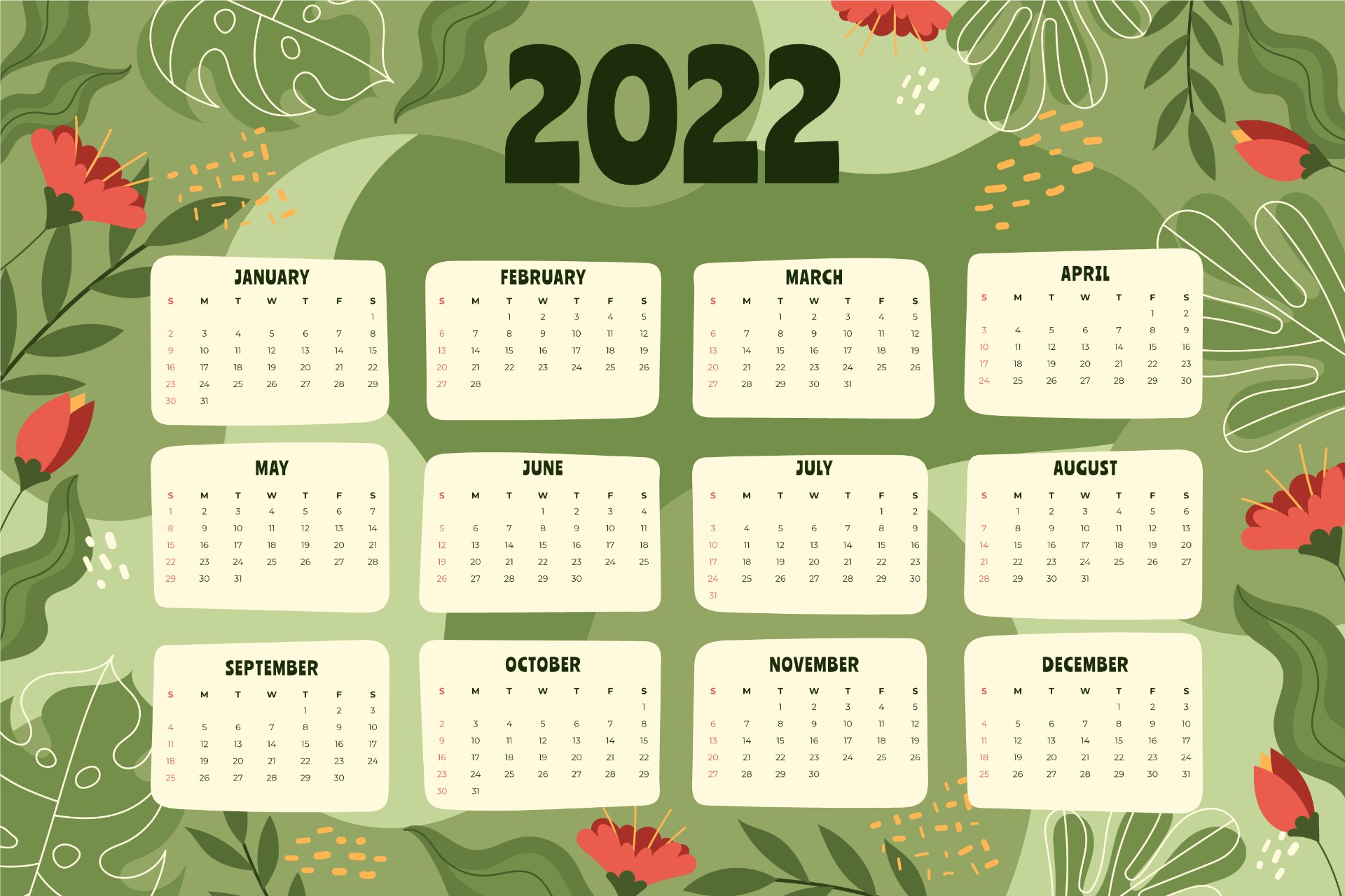 2022绿色养眼日历模板0