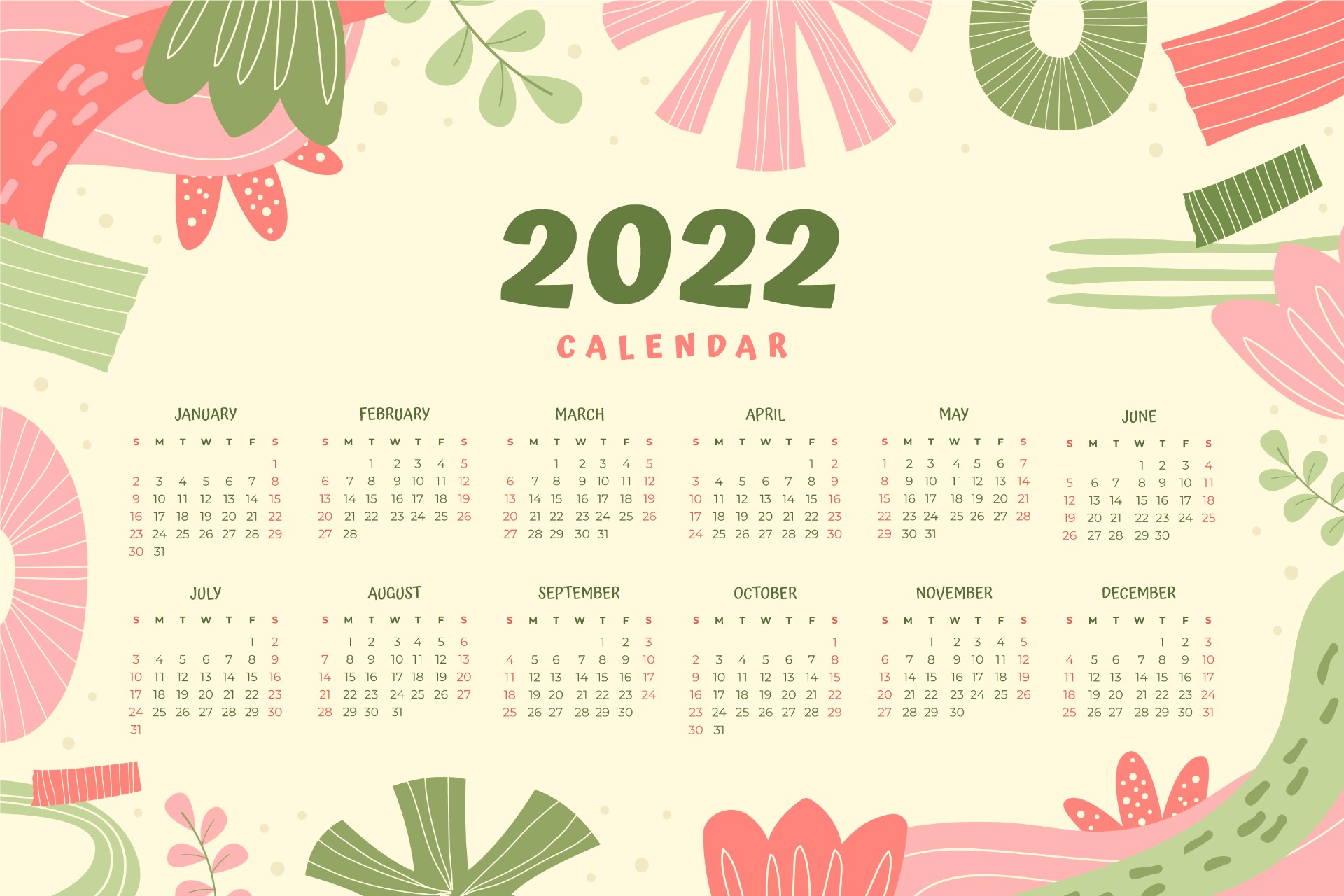 2022可爱卡通日历表模板0