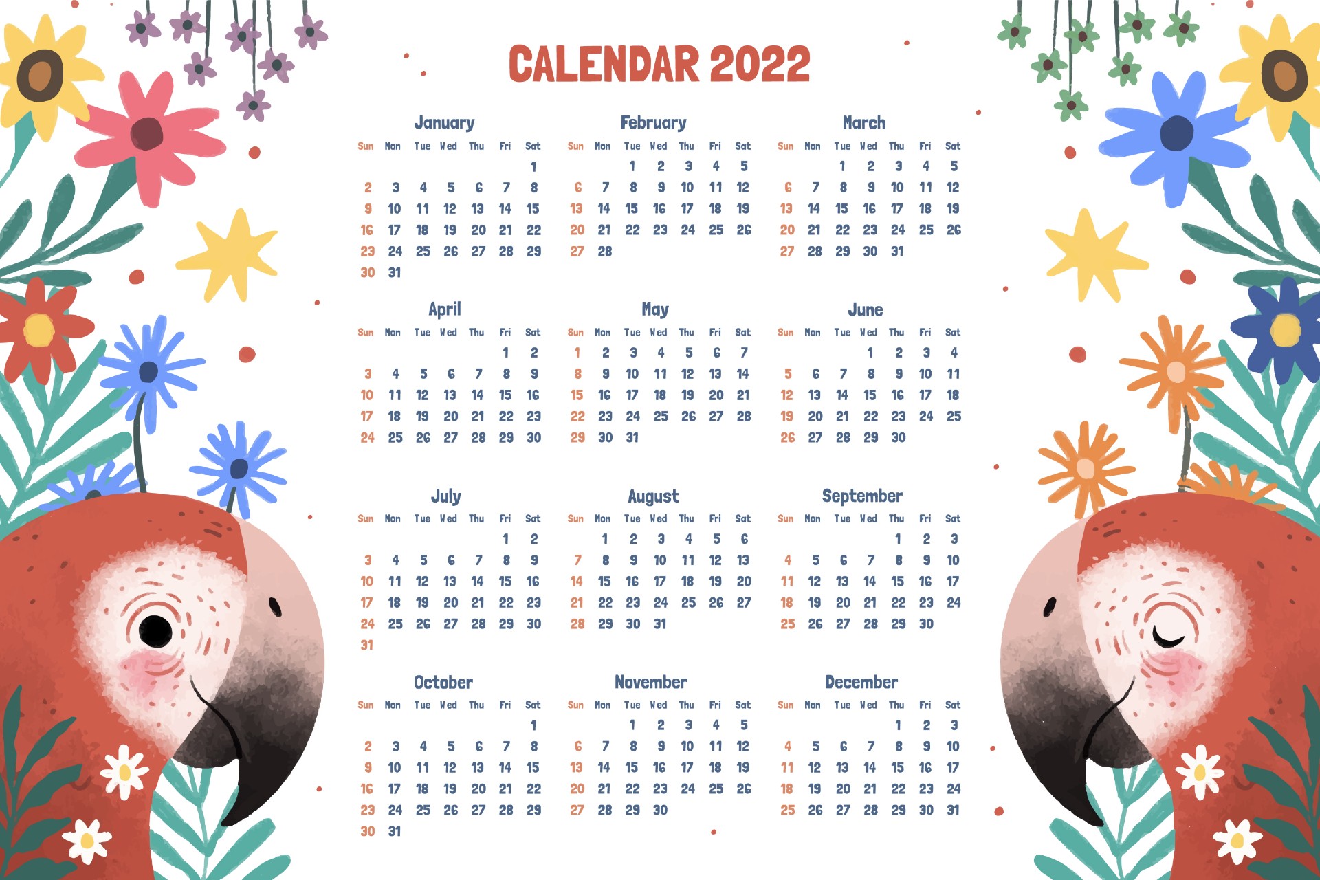 2022卡通鹦鹉日历模板0