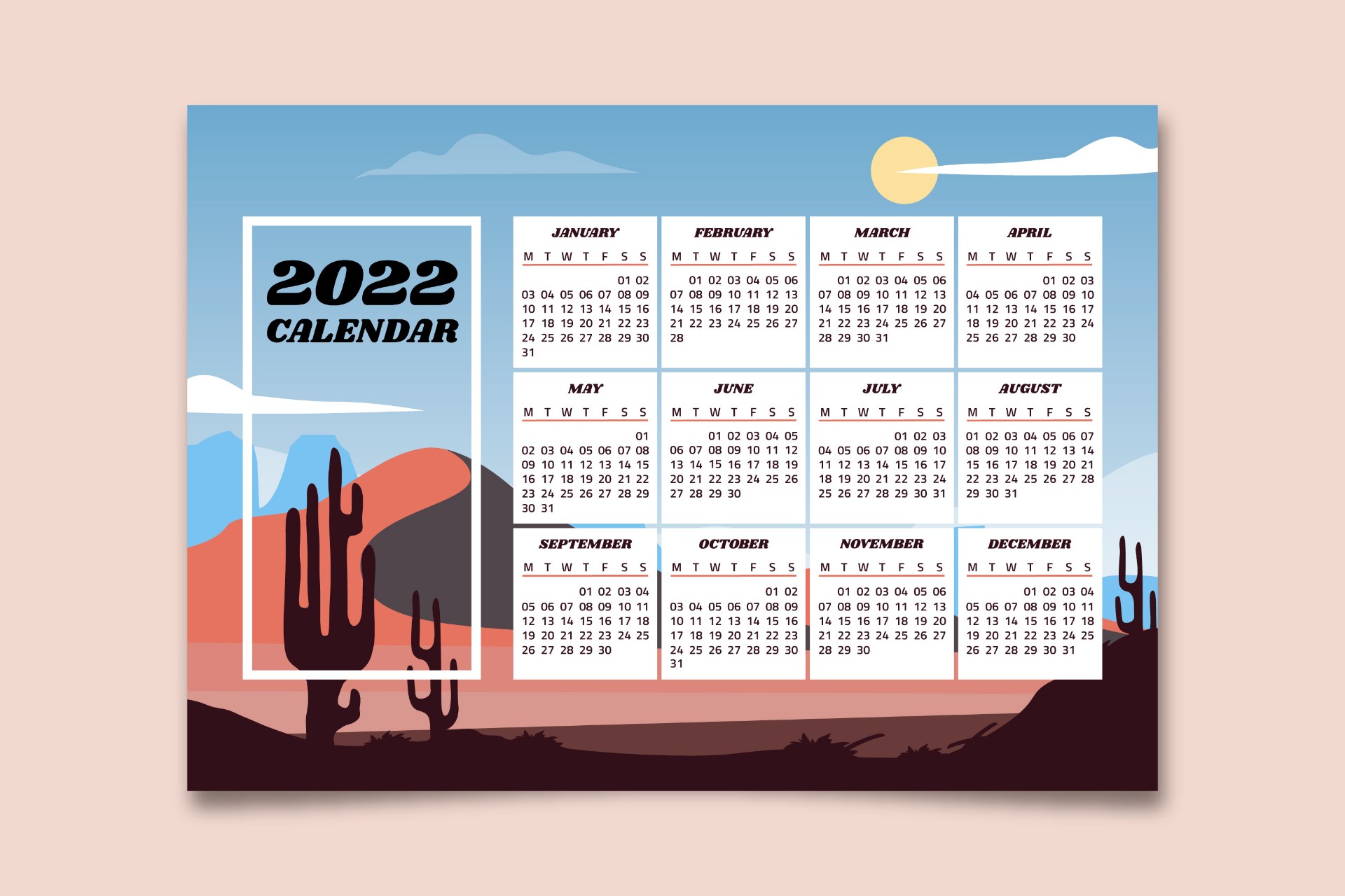 2022年沙漠风景卡通日历横版0
