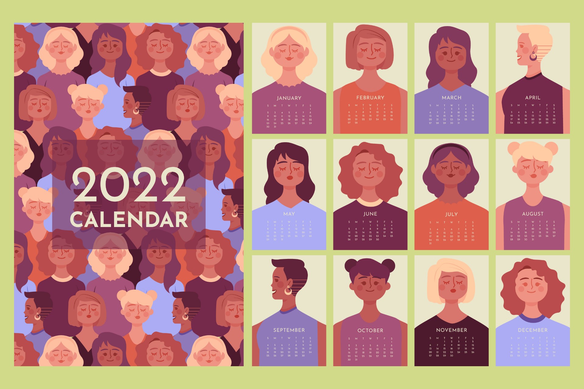 2022年卡通女性人物日历模板0
