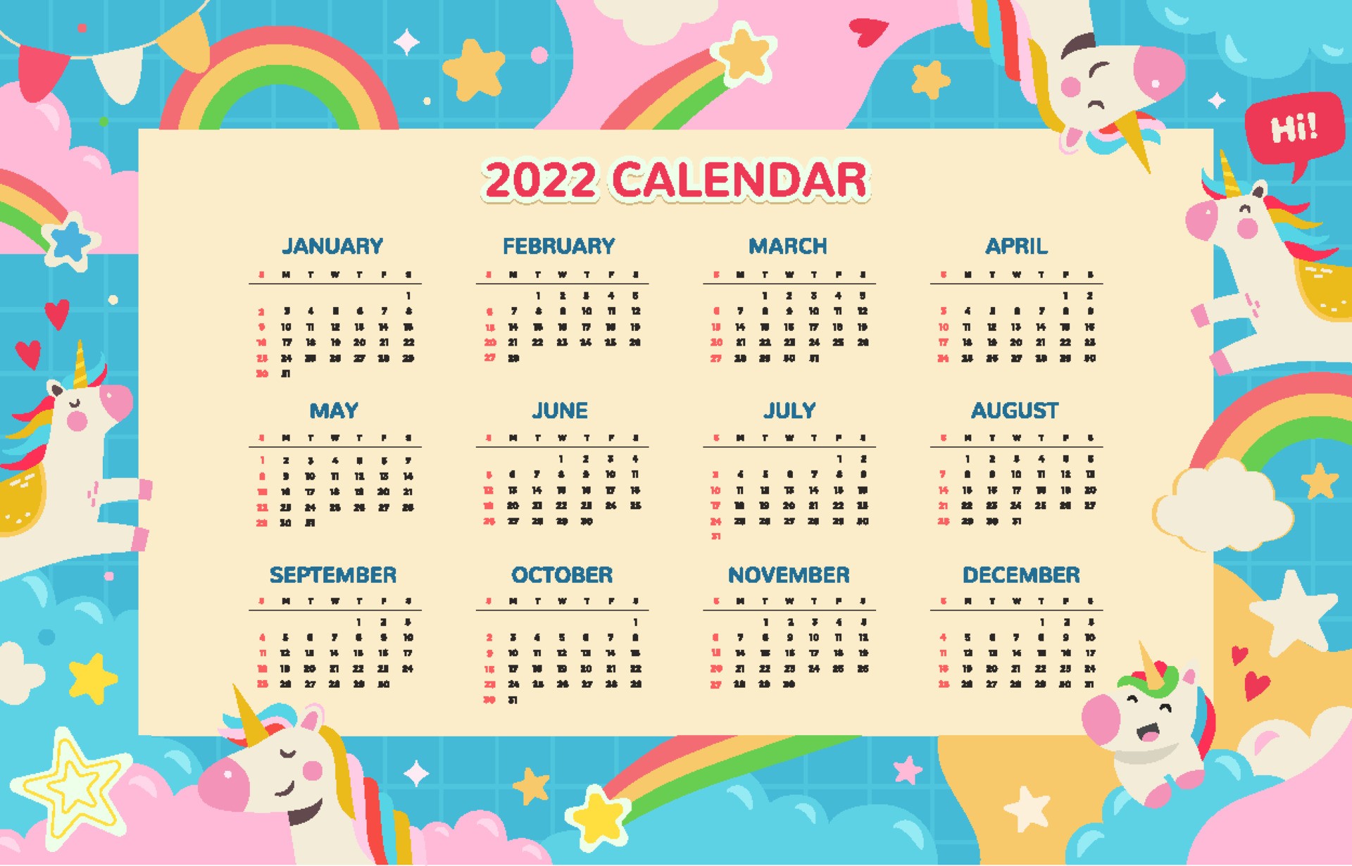 2022年独角兽主题日历模板0