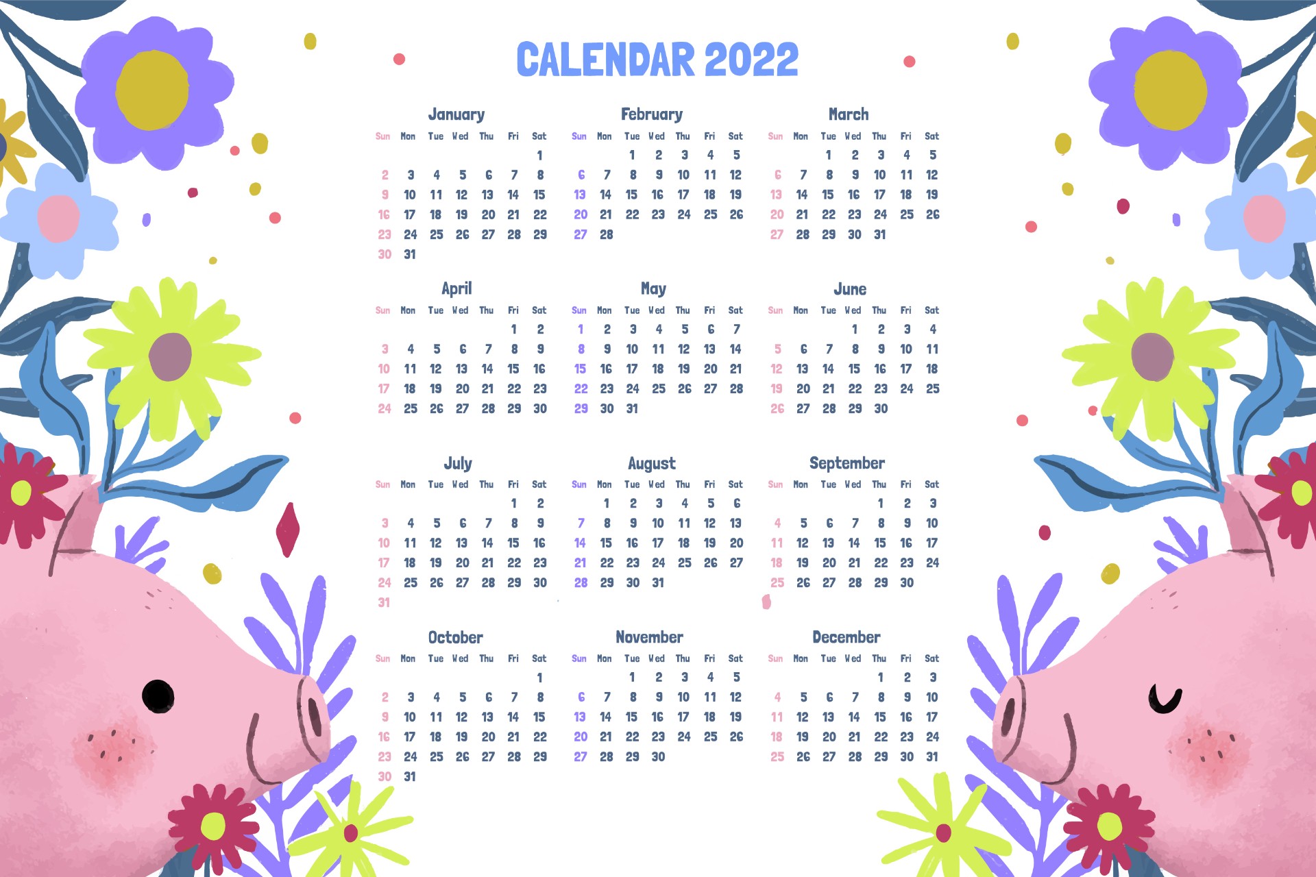 2022卡通小猪动物日历模板0