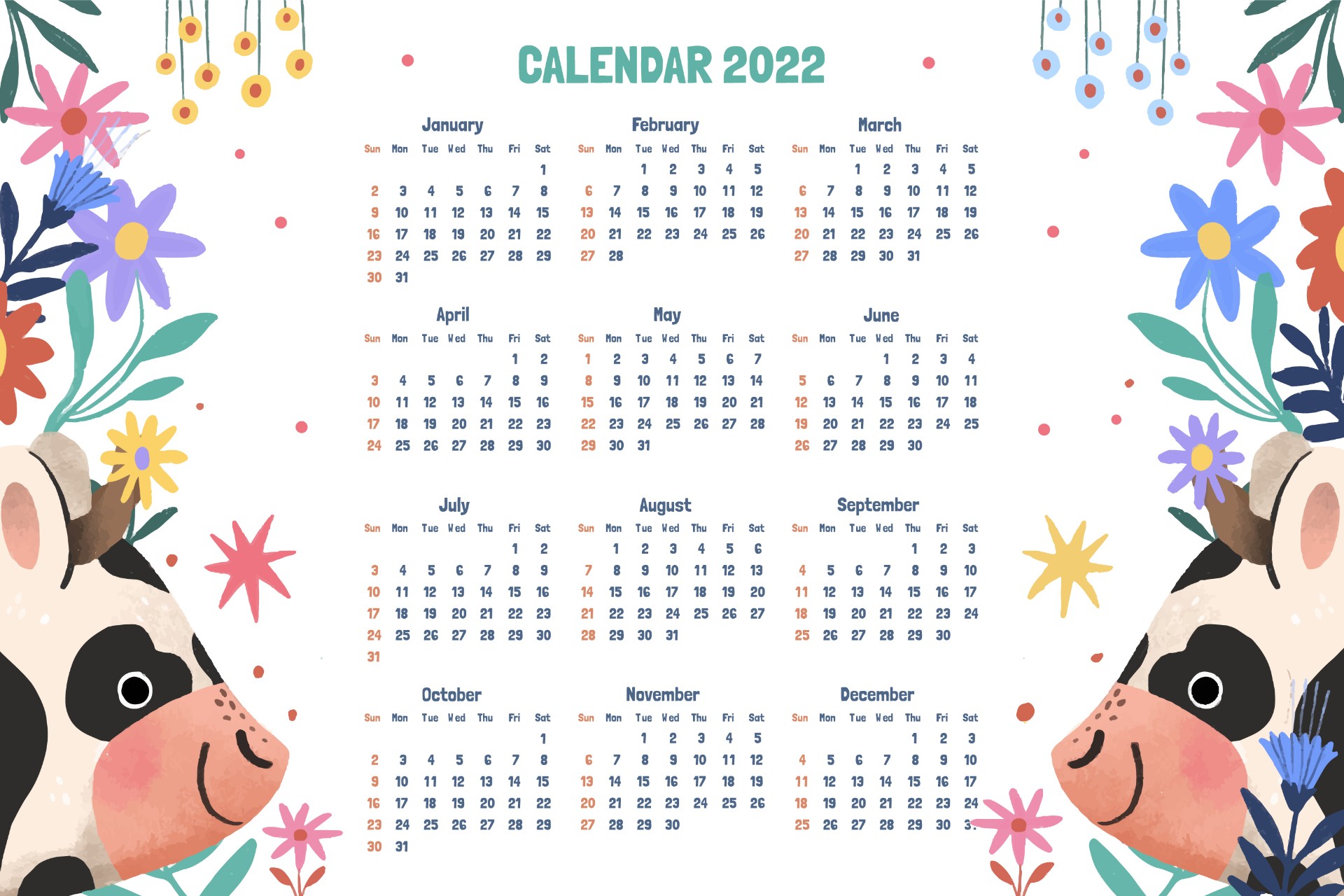 2022卡通奶牛动物日历模板0