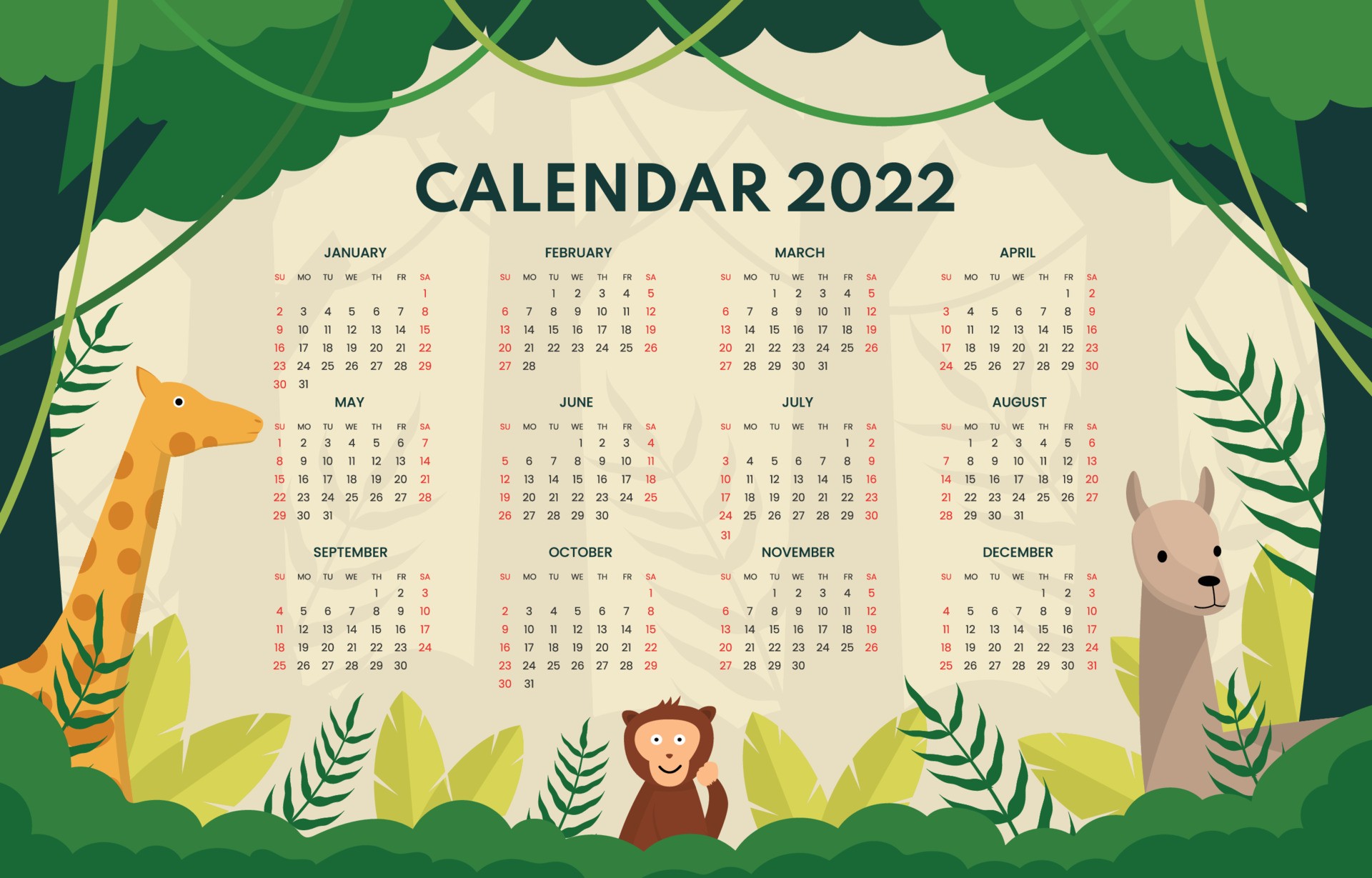 2022年卡通动物日历模板0