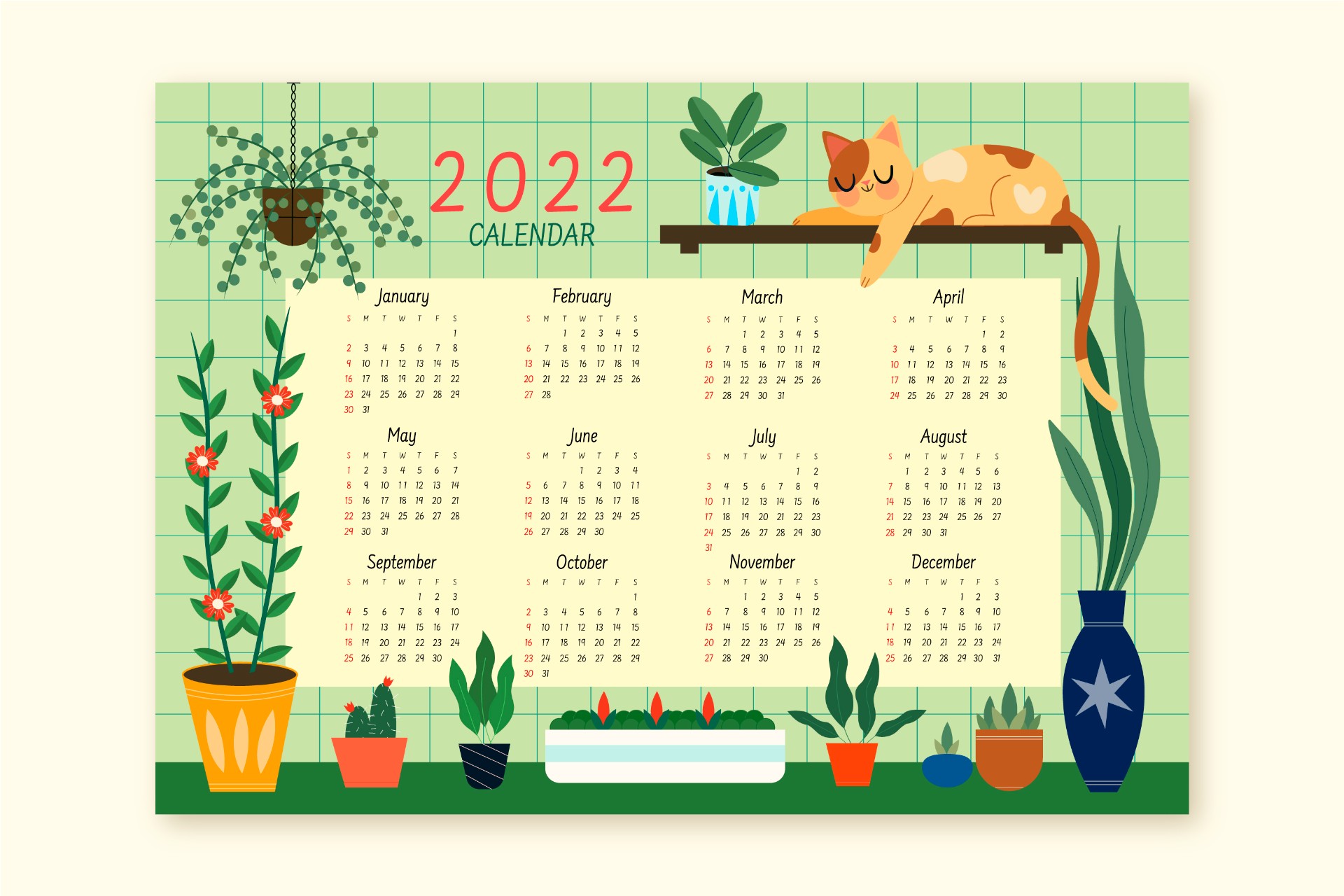 2022年盆栽与猫日历模板0