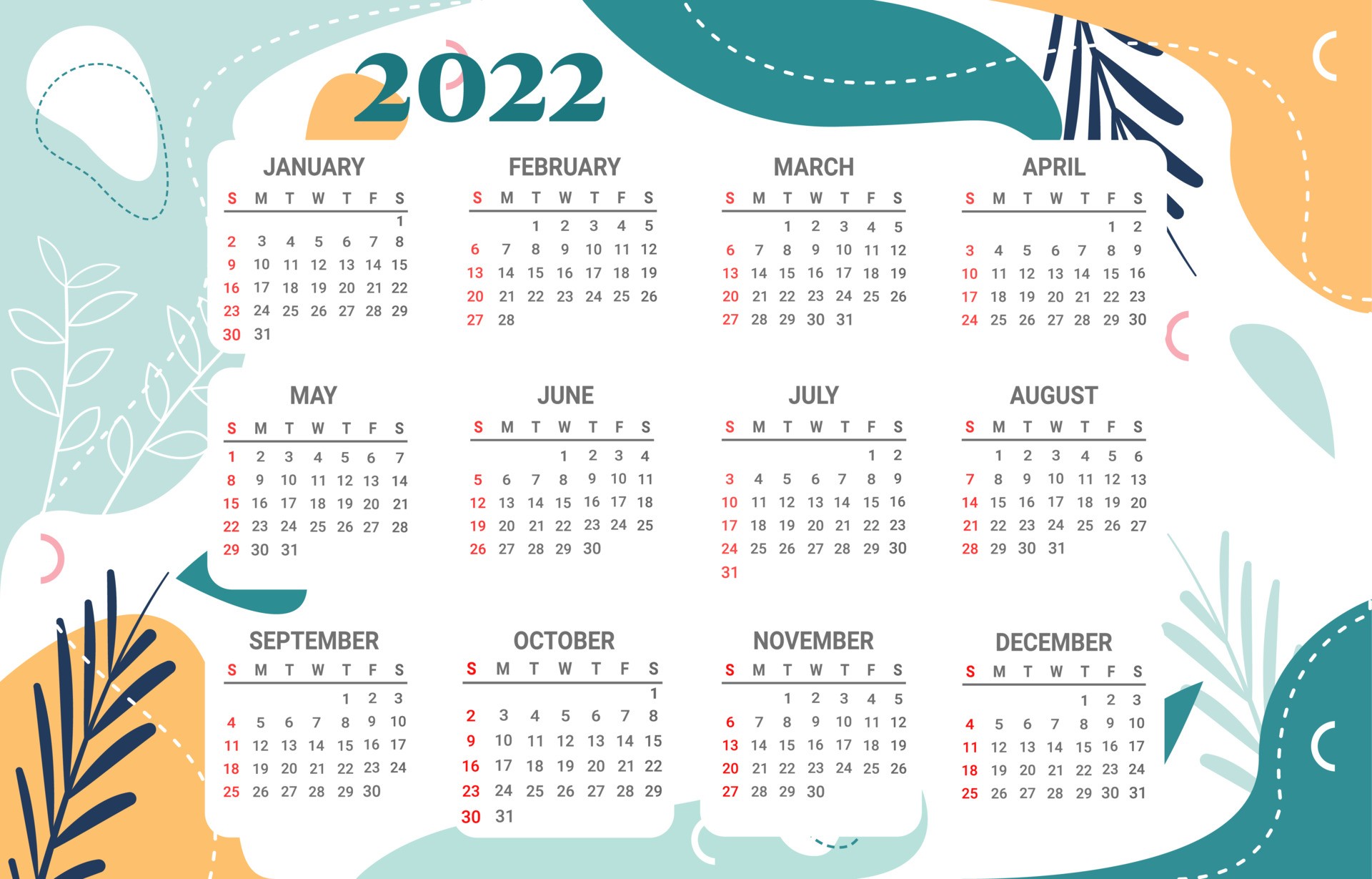 2022年日历与花卉抽象模板设计0