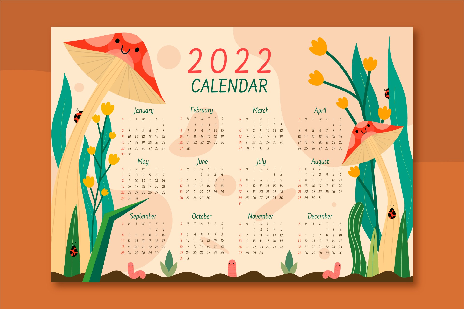 2022年蘑菇与花日历模板0