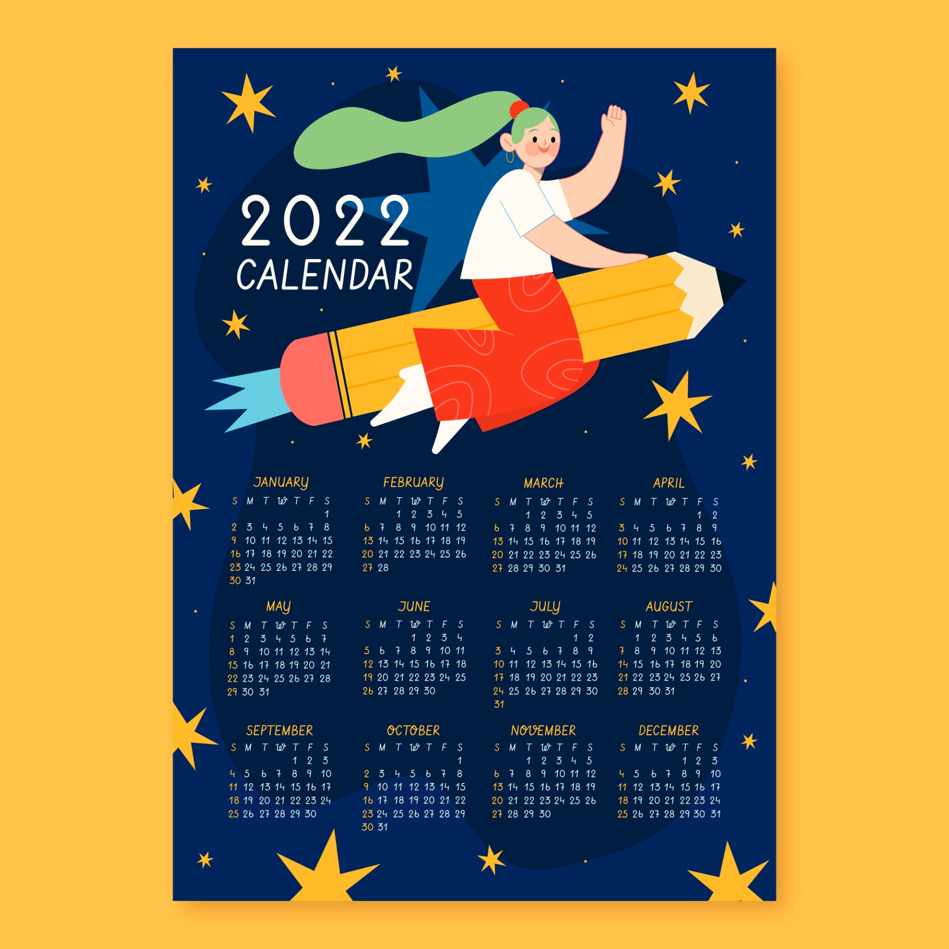 坐火箭的女孩与2022年日历模板0